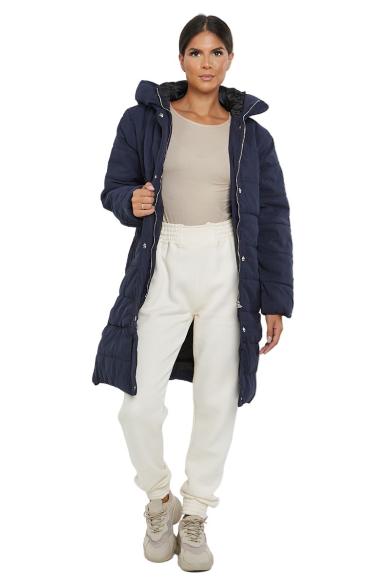 Womens Hooded Longline Coat Puffer Padded Long Sleeve Bodywarmer Winter Jacket - Picture 30 of 50