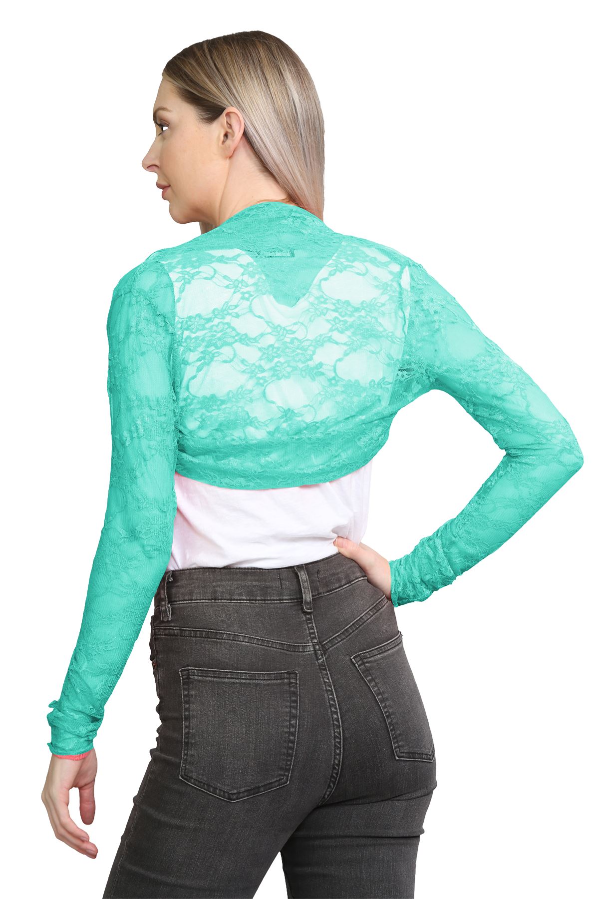 Damen Blumen Spitze Bolero Achselzucken vorne offen lange Ärmel Cropped Cardigan Top - Bild 22 von 79