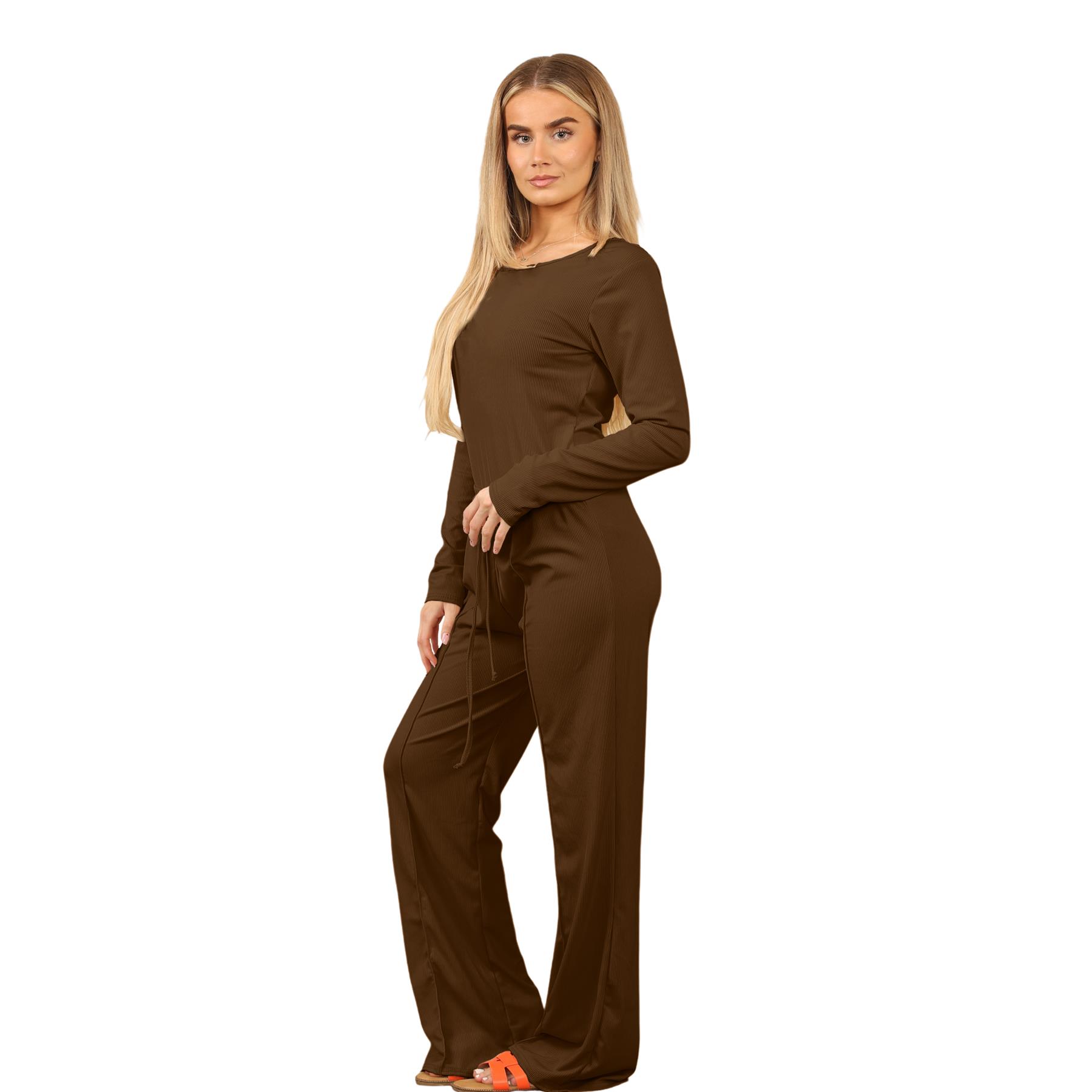Conjunto de 2 piezas de body acanalado de pierna ancha para damas Chándal Co Ords Ropa de salón - Imagen 9 de 29