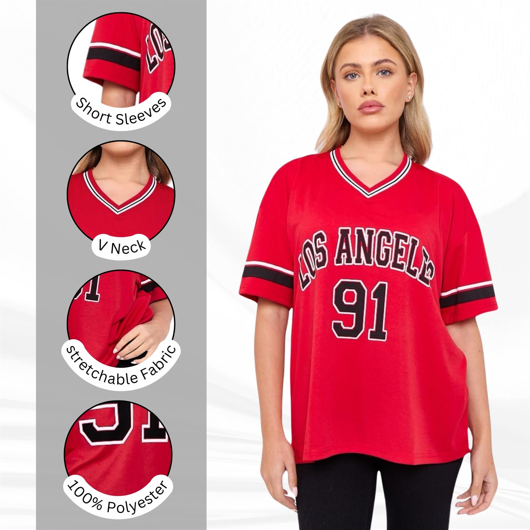 Camiseta de mujer de gran tamaño cuello en V LA 91 fútbol americano universitario holgada verano top - Imagen 34 de 50