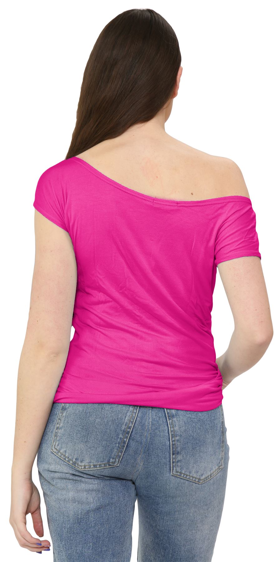 Nuevo Damas Mangas Cortas Hombro Liso Elastizado Calce Ajustado Bardot Camiseta Prenda para el torso - Imagen 6 de 58