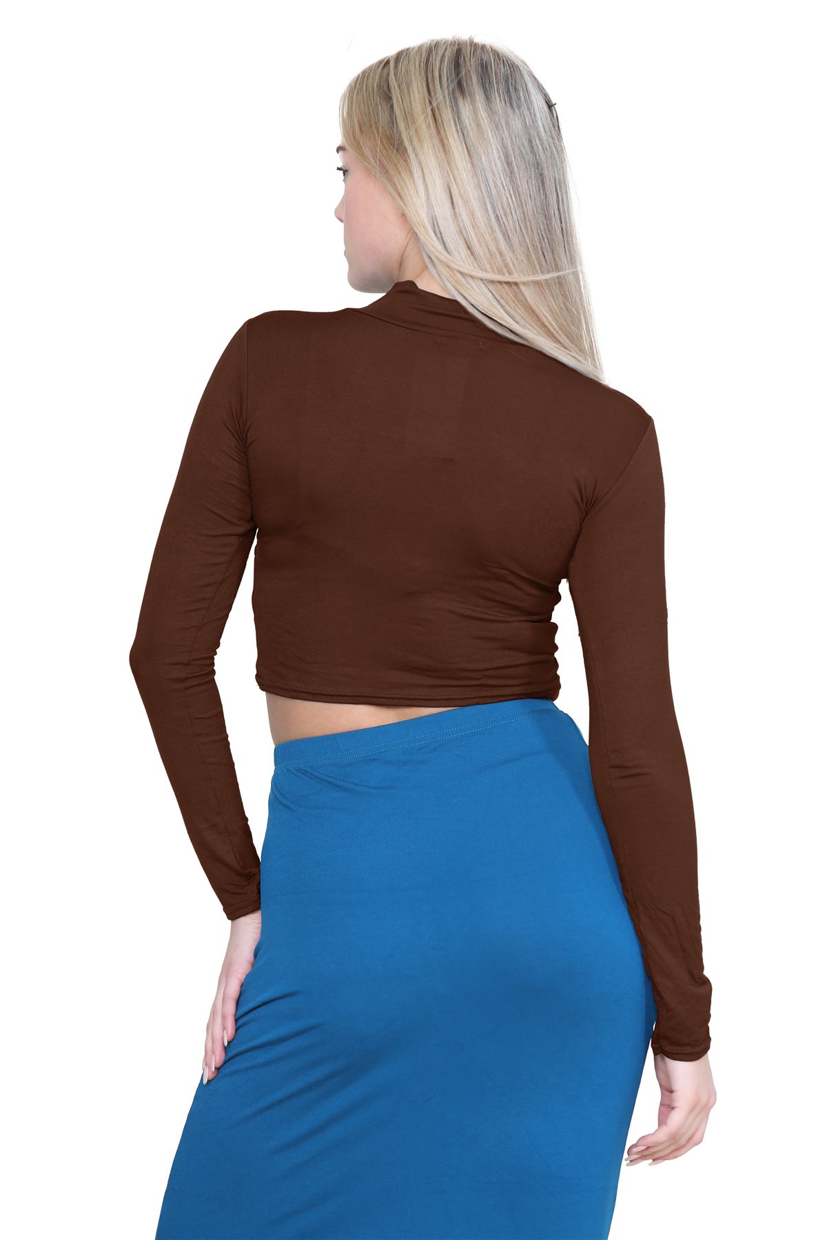 Turtle Neck Crop Top Womens Plain Long Sleeve Stretchy Basic Polo Neck T-Shirt - Picture 15 of 129