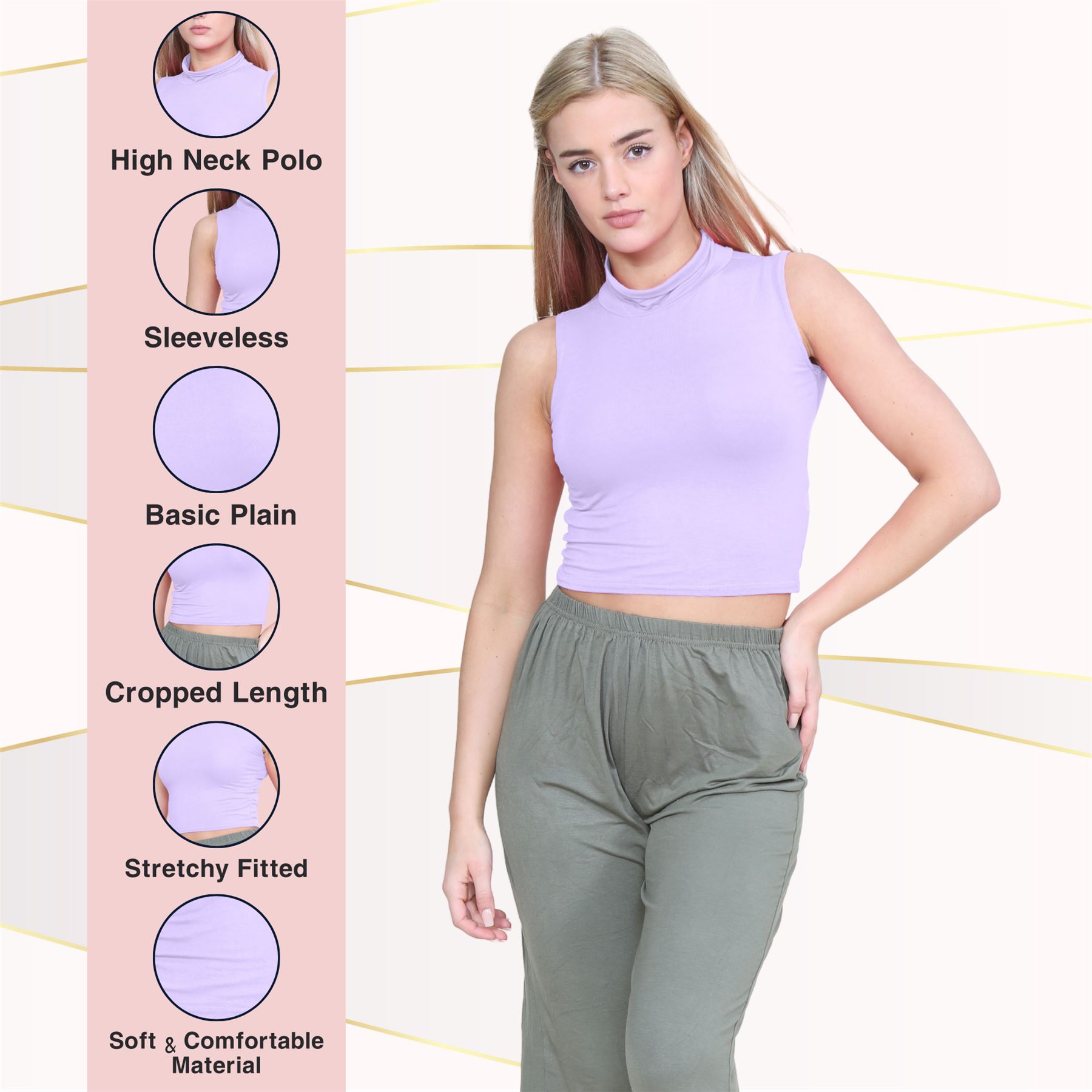 Womens Sleeveless Crop Top Ladies High Turtle Neck Plain Stretchy T-Shirt Vest - Picture 69 of 165