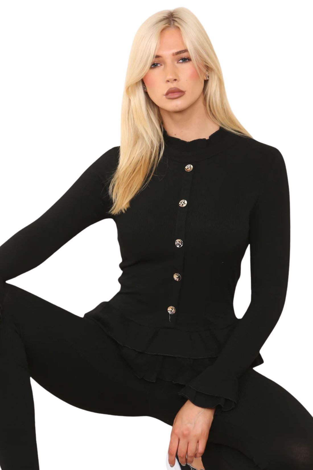 Damas Juego de 2 piezas de ropa de salón con botones peplum manga larga - Imagen 3 de 55