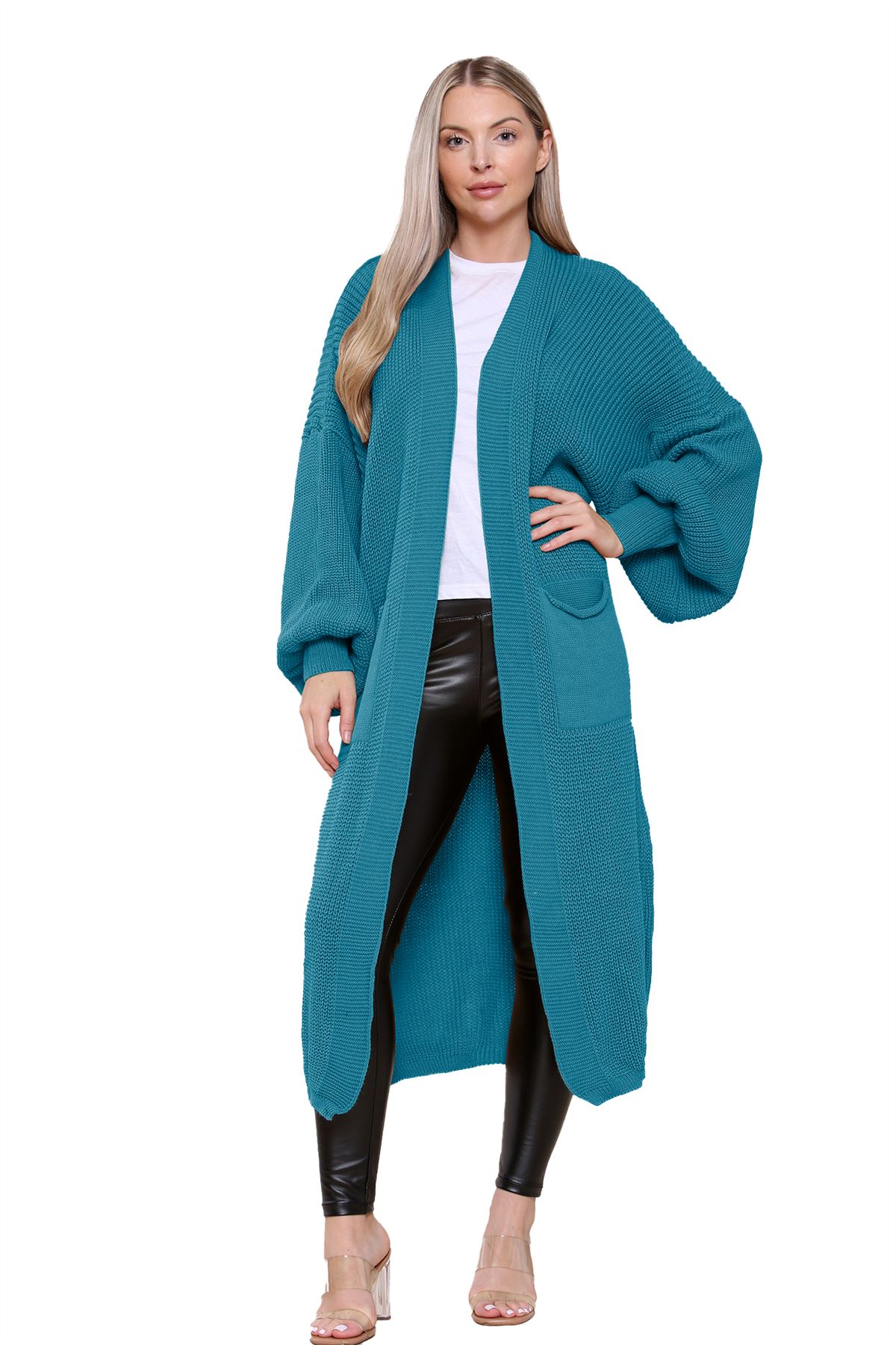 Ballonärmel Maxi Cardigan Damen übergroß gestrickt Winter Longline Pullover - Bild 128 von 134