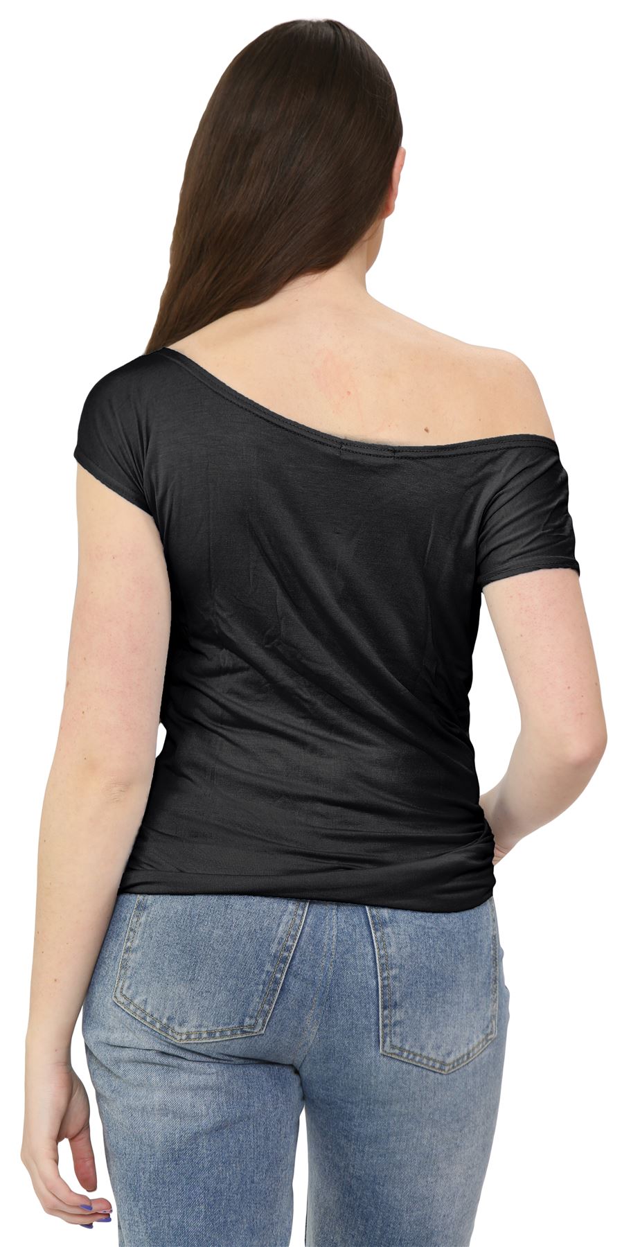 Nuevo Damas Mangas Cortas Hombro Liso Elastizado Calce Ajustado Bardot Camiseta Prenda para el torso - Imagen 3 de 58