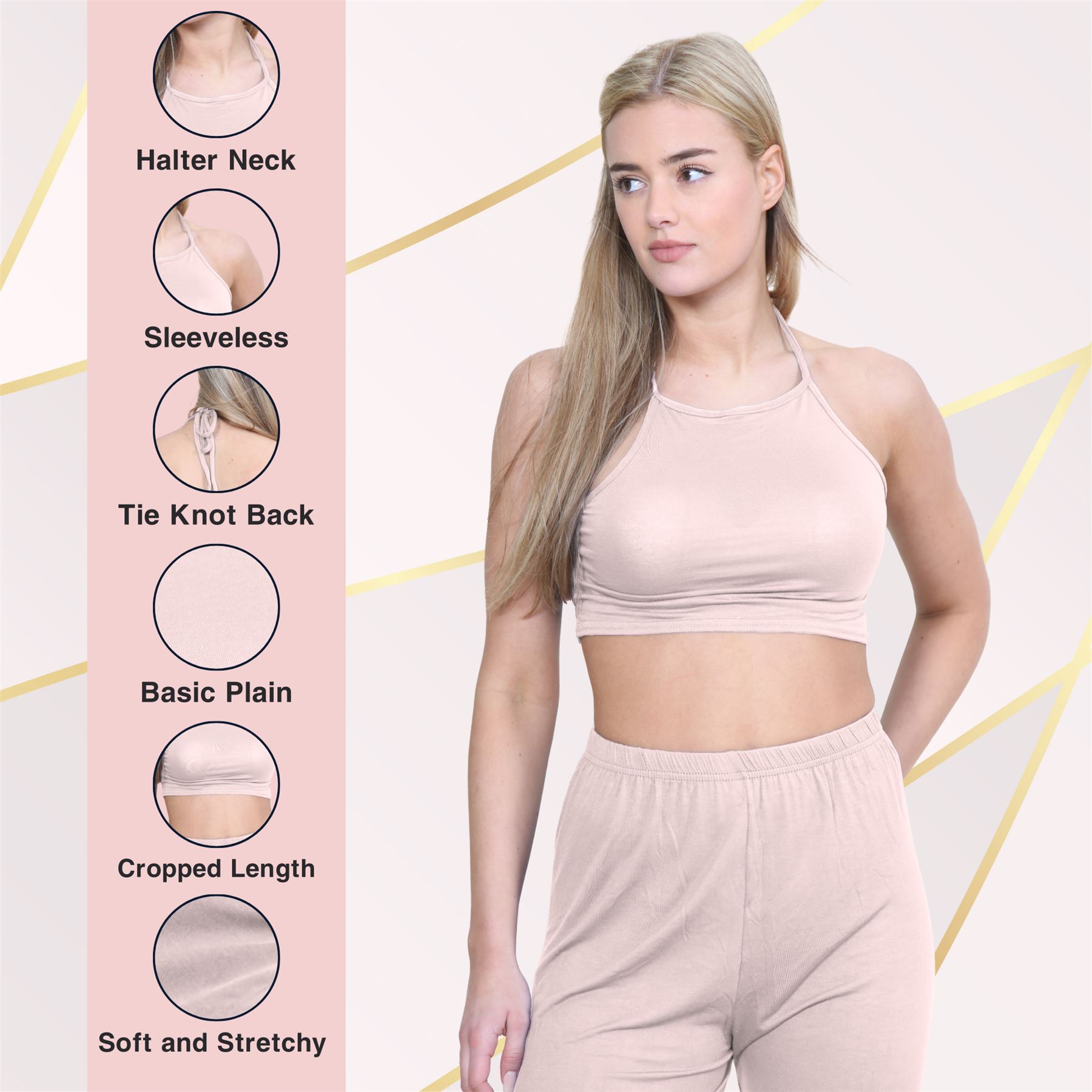 Halter Neck Crop Top Womens Vest Top Plain Tie Knot Top Basic Sleeveless T-Shirt - Picture 85 of 170