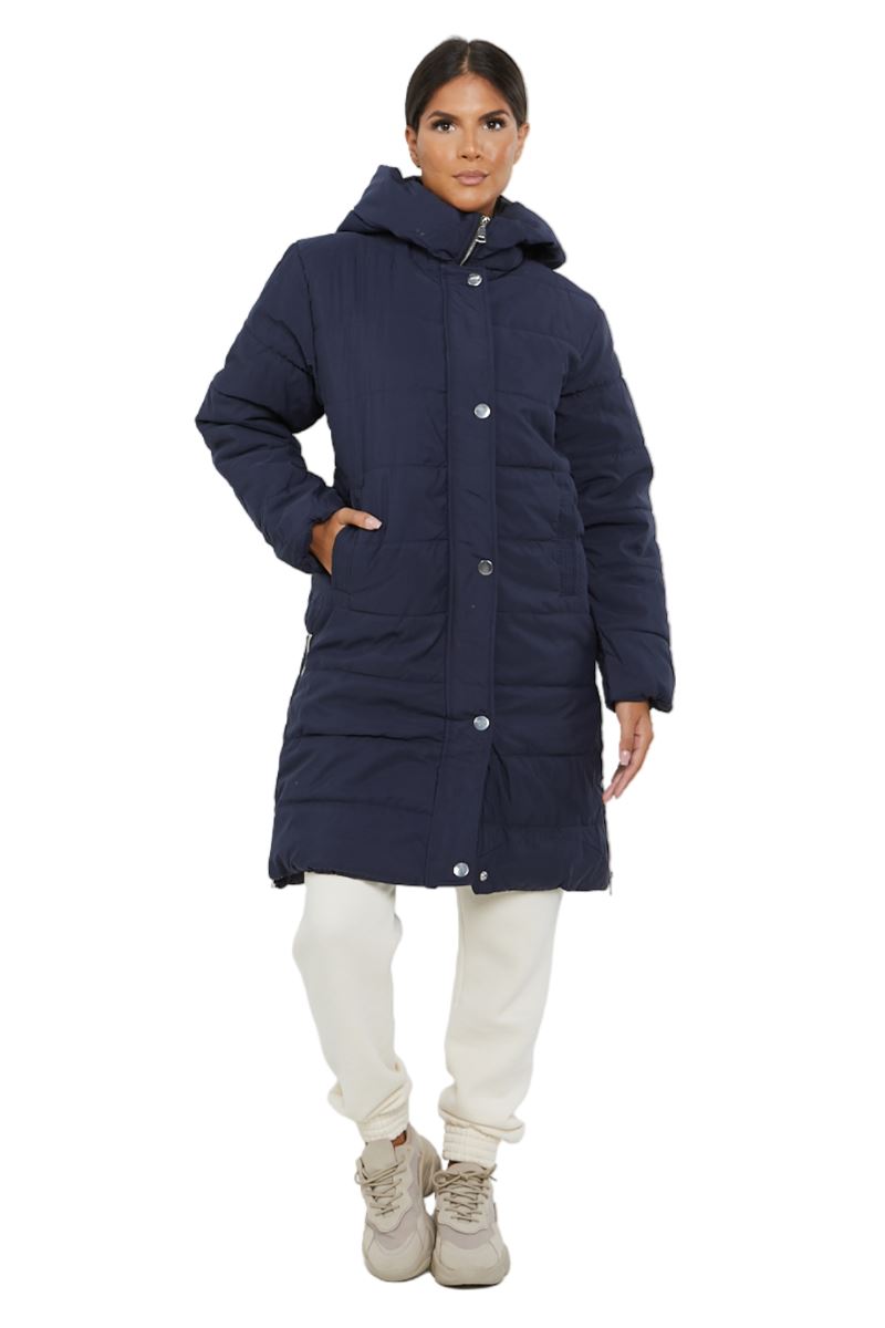 Womens Hooded Longline Coat Puffer Padded Long Sleeve Bodywarmer Winter Jacket - Picture 33 of 50