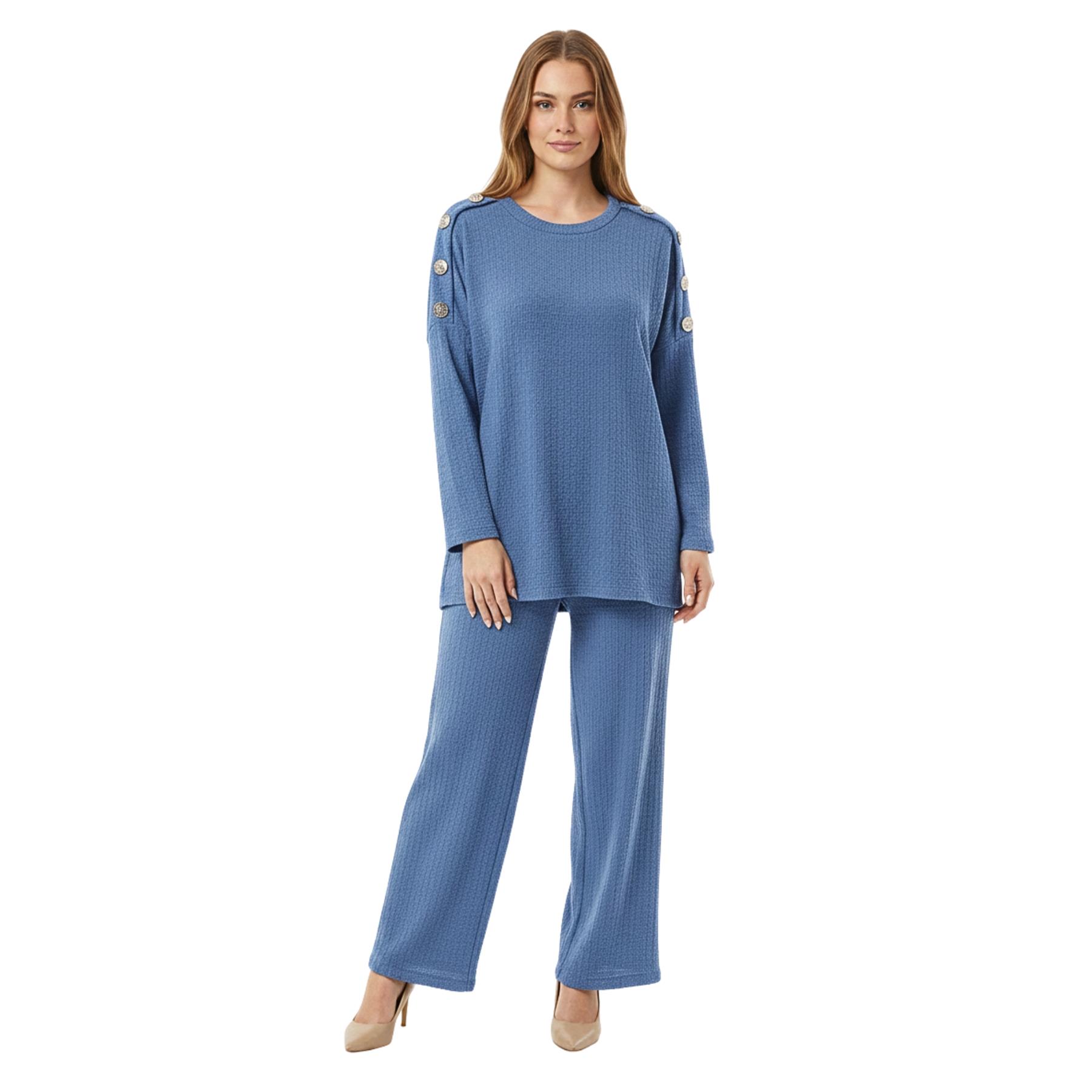 Womens Popcorn Gold Button Co-ord Set Winter Long Sleeve Top Trouser Loungewear
