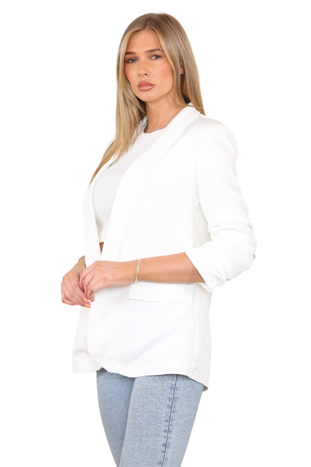 Blazer de manga acanalada para damas totalmente forrado cuello liso informal chaqueta de oficina top - Imagen 20 de 97