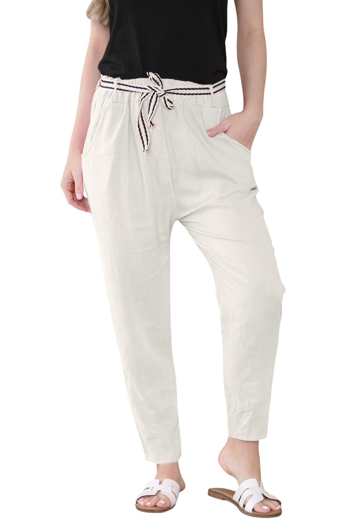 Womens Italian Linen Trousers Plain Elastic Tie Waist Belted Ladies Casual Pants
