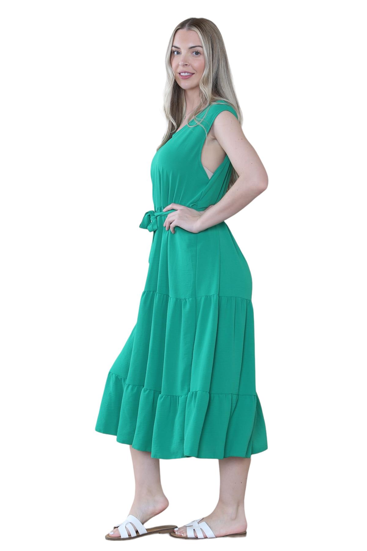 Womens Italian Smock Dress Sleeveless Belted Midi Dress Plain Frill Summer Dress - Picture 42 of 64