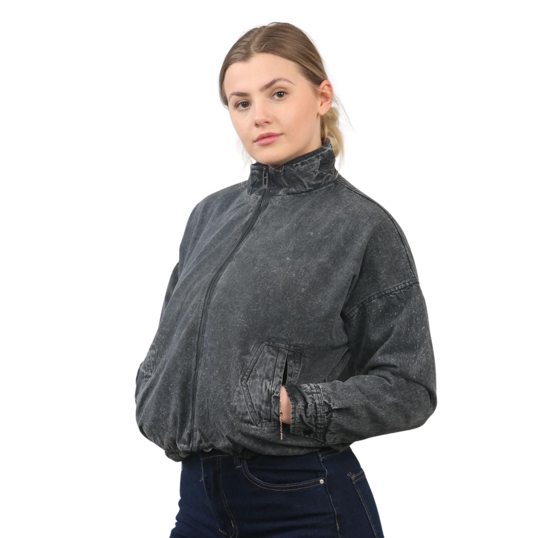 Damen-Bomberjacke Acid Washed lässig Reißverschlusskragen Oberbekleidung kurzer Wintermantel - Bild 3 von 18