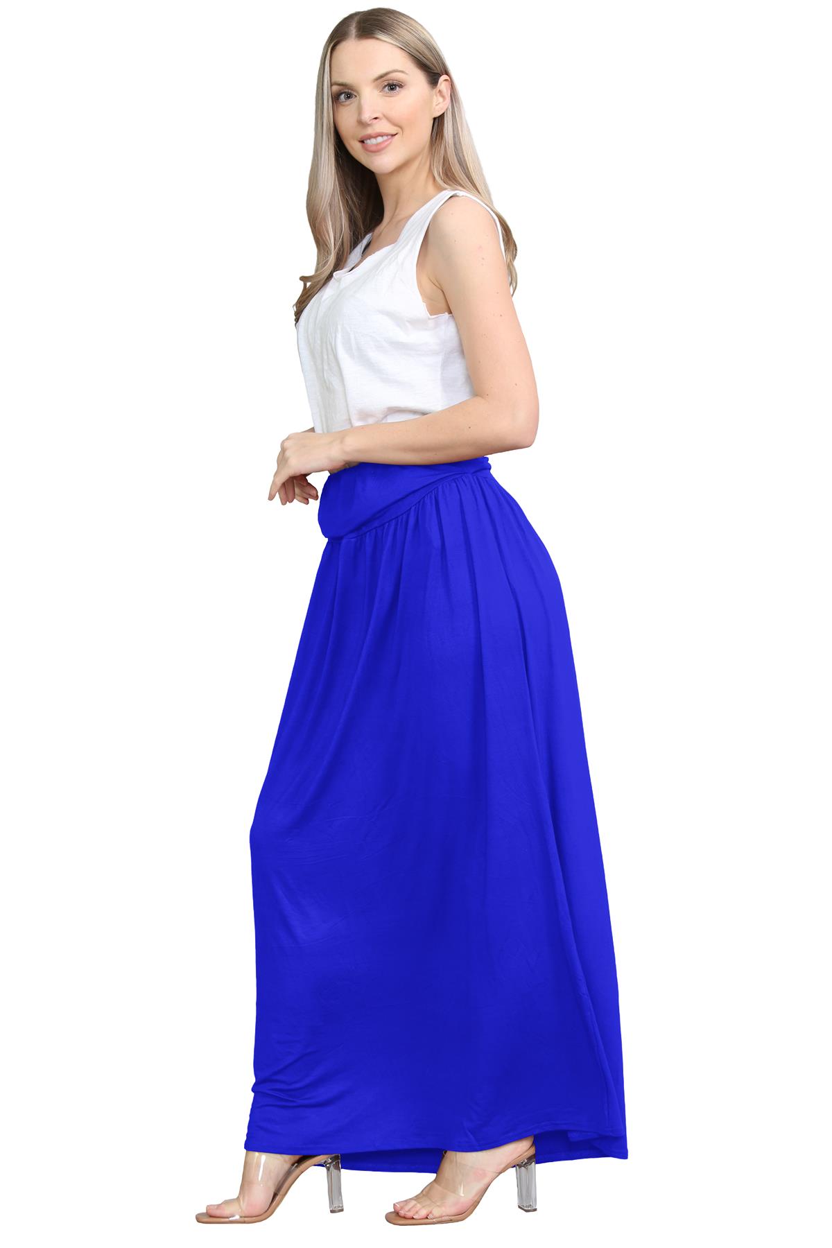 Womens Fold Over Maxi Skirt Plain Pleated Waist Jersey Summer Gypsy Long Skirt - Picture 48 of 68