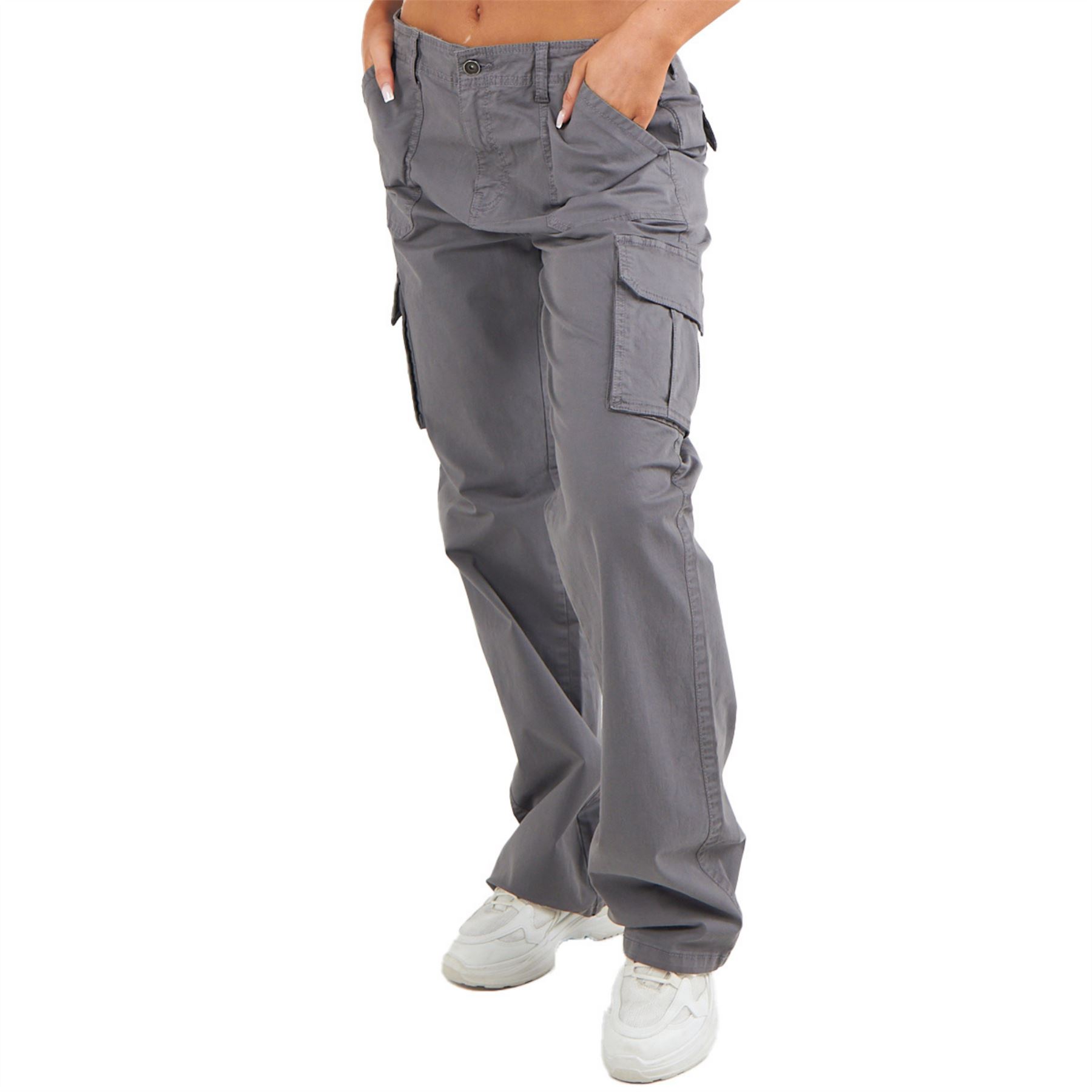 Pantalones de carga de algodón para mujer bolsillos de cintura baja calce suelto pierna ancha pantalones de combate - Imagen 12 de 26
