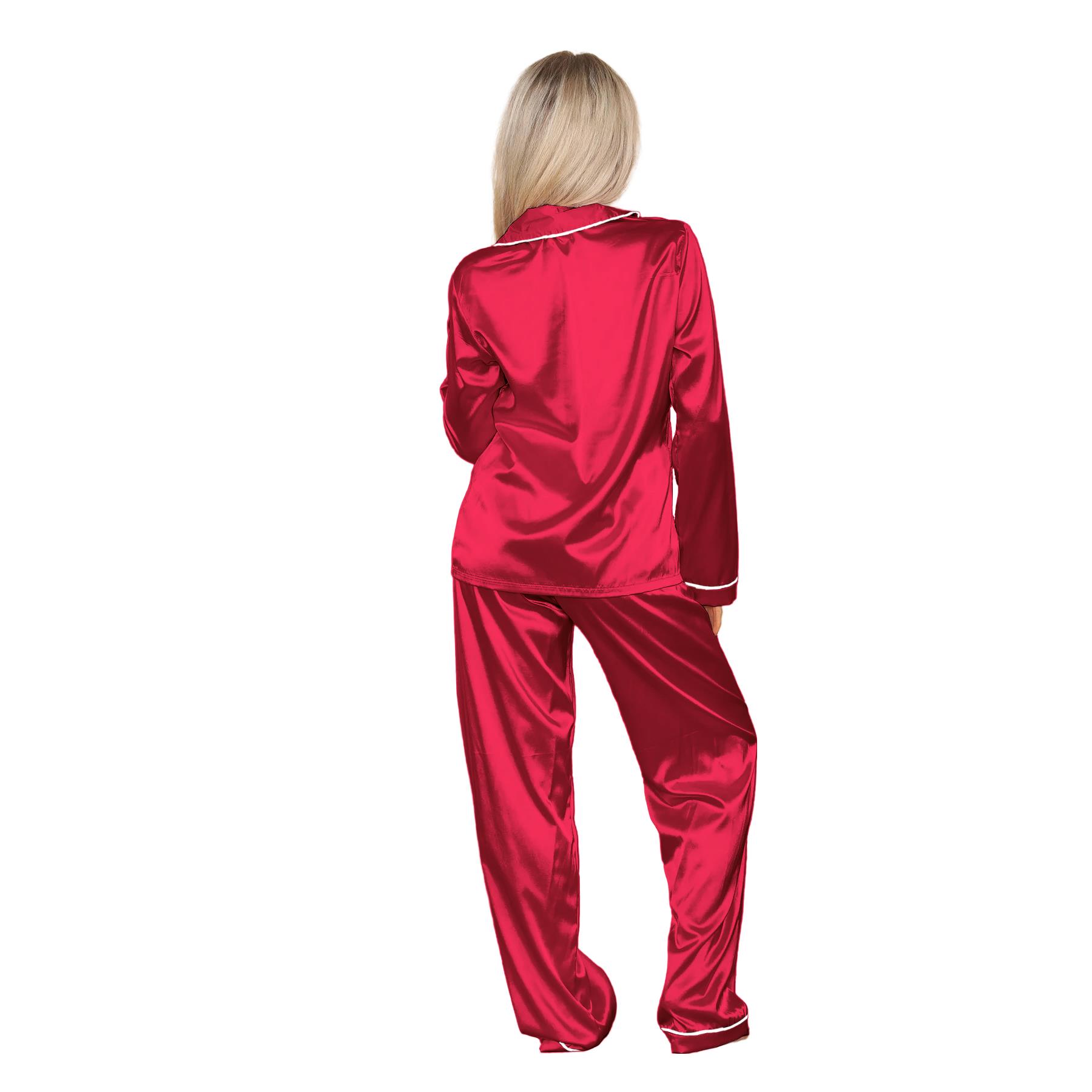 Conjunto de 2 piezas de pijama de satén de manga larga con botones camisa pantalón para damas - Imagen 28 de 43