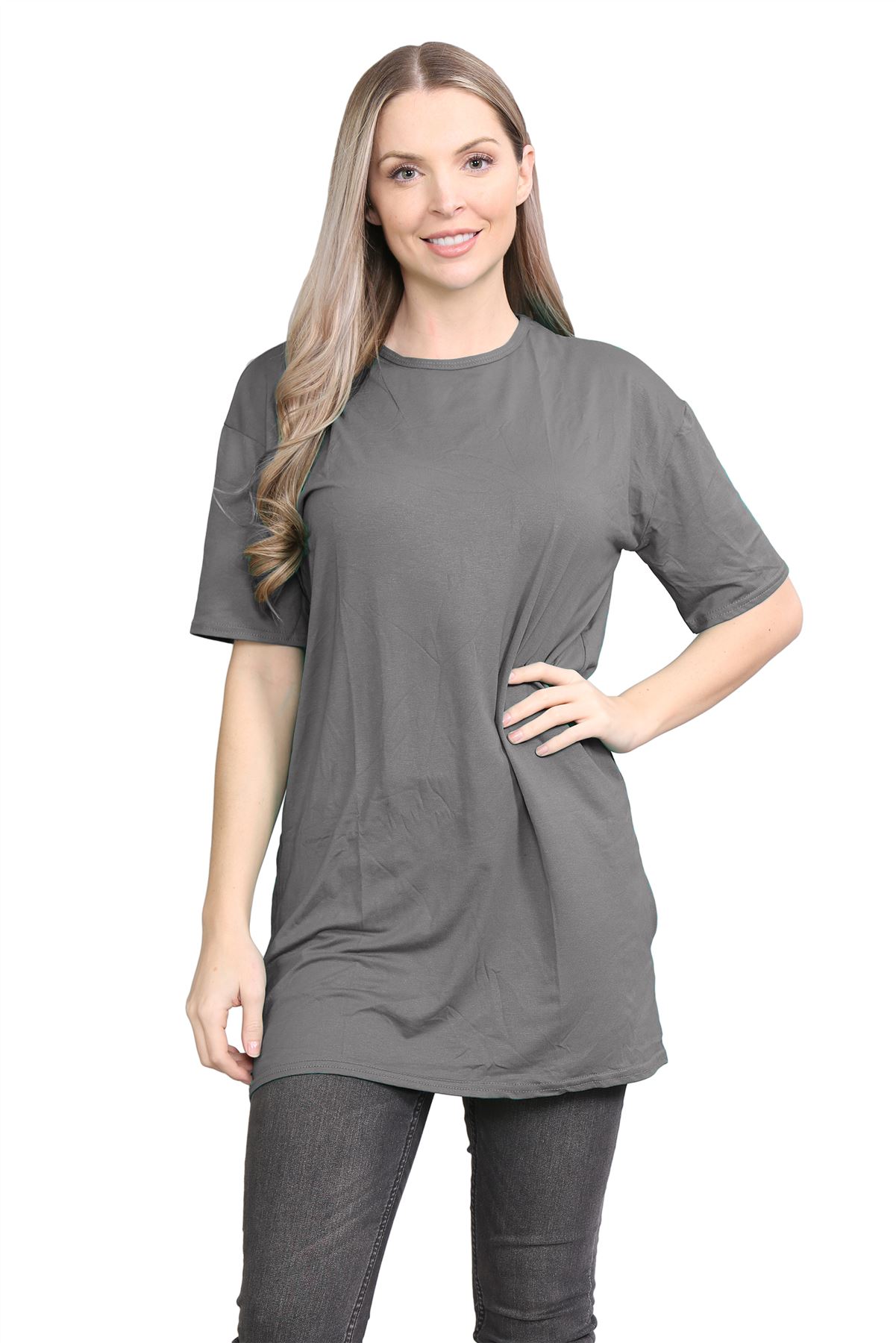 Womens Oversized T-Shirt Plain Baggy Short Sleeve Round Neck Basic Summer Top - Picture 5 of 44