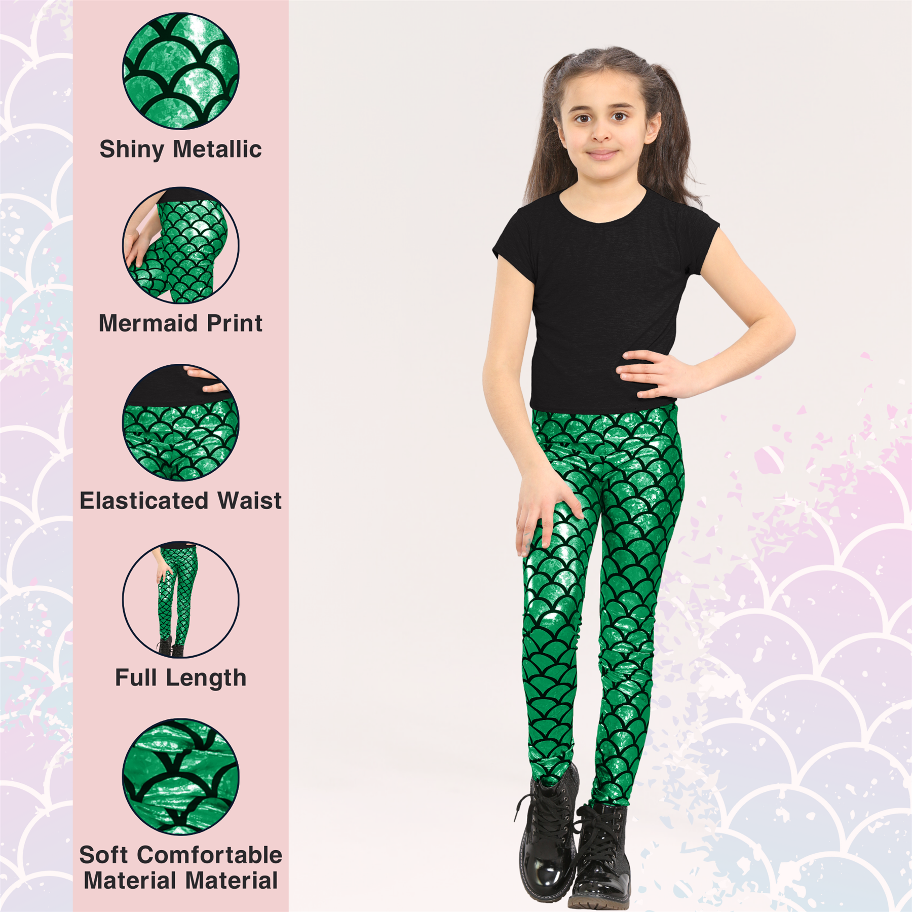 Girls Mermaid Leggings Kids Fish Scale Disco Skinny Shiny Metallic Trouser Pants - Picture 13 of 57