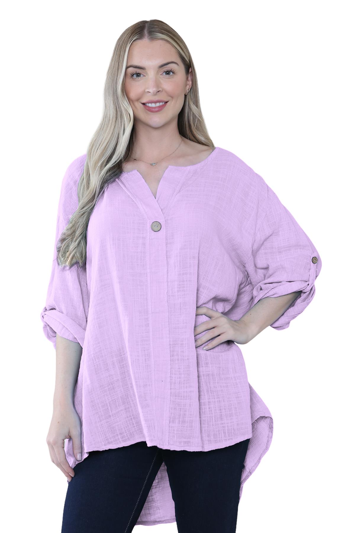 Camiseta informal lisa de lino y algodón con un botón de manga giratoria italiana para dama - Imagen 18 de 63