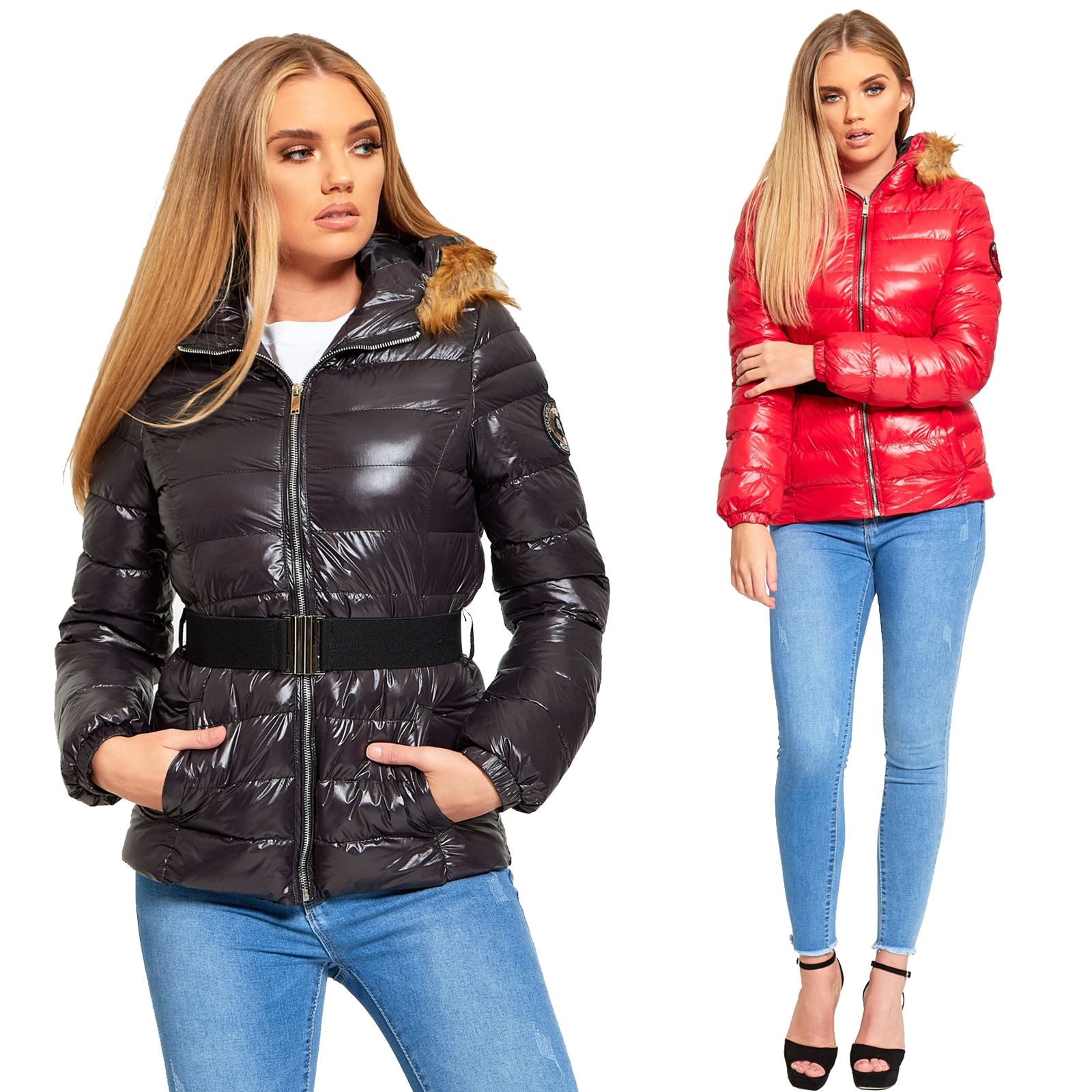 Womens Puffer Padded Shiny Belt Fur Hooded Brave Soul Zip Up Winter Jacket Coat