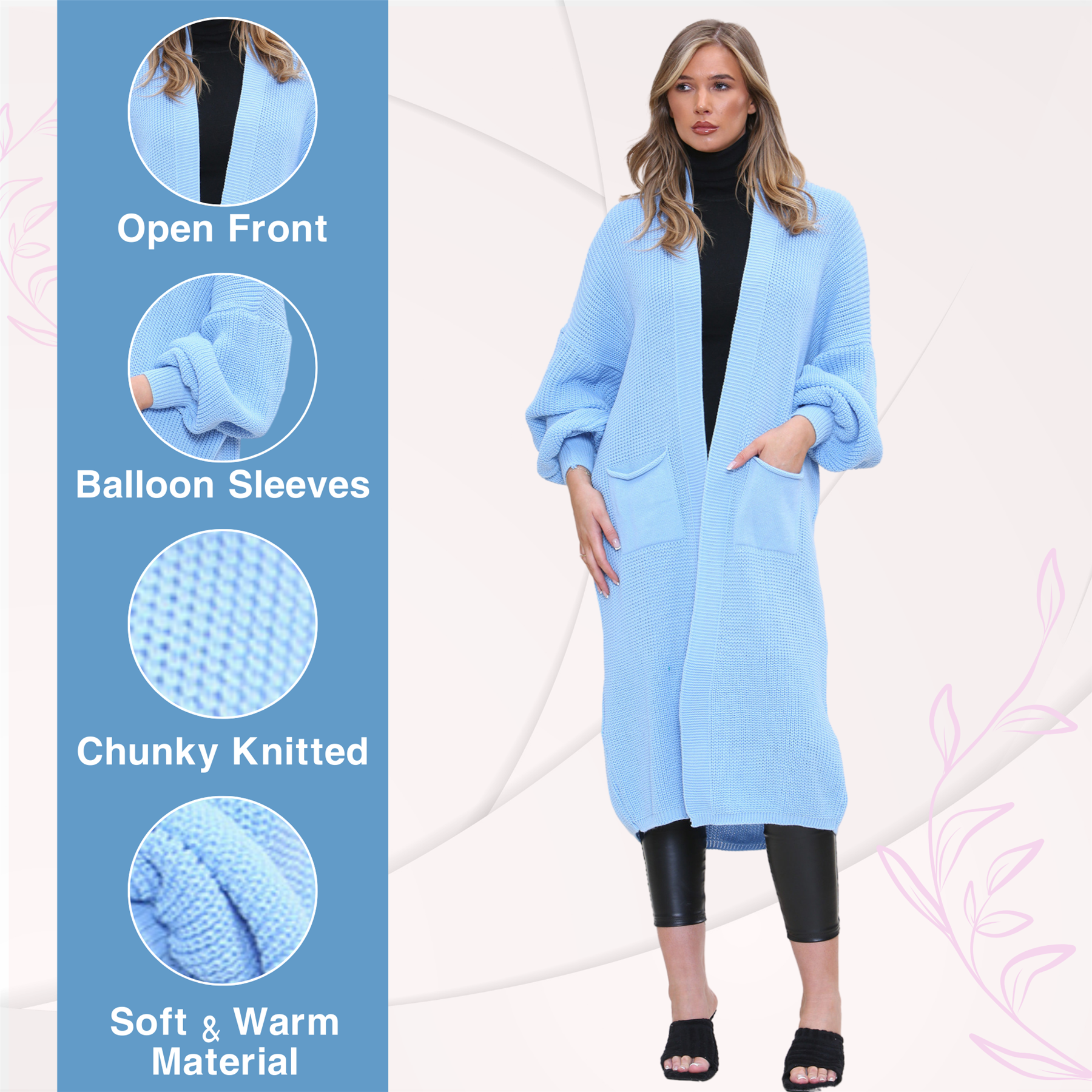 Ballonärmel Maxi Cardigan Damen übergroß gestrickt Winter Longline Pullover - Bild 123 von 134