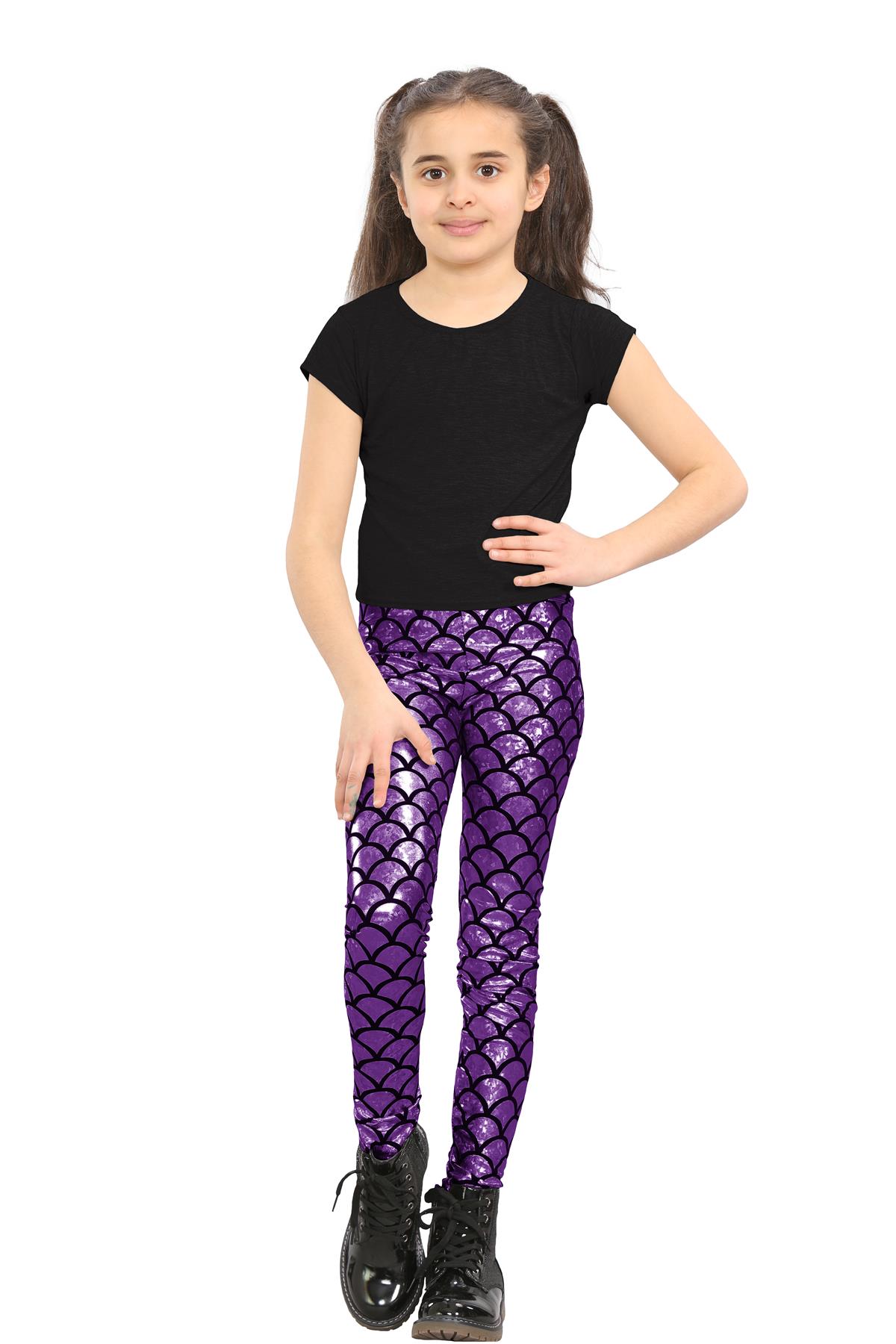 Girls Mermaid Leggings Kids Fish Scale Disco Skinny Shiny Metallic Trouser Pants - Picture 28 of 57