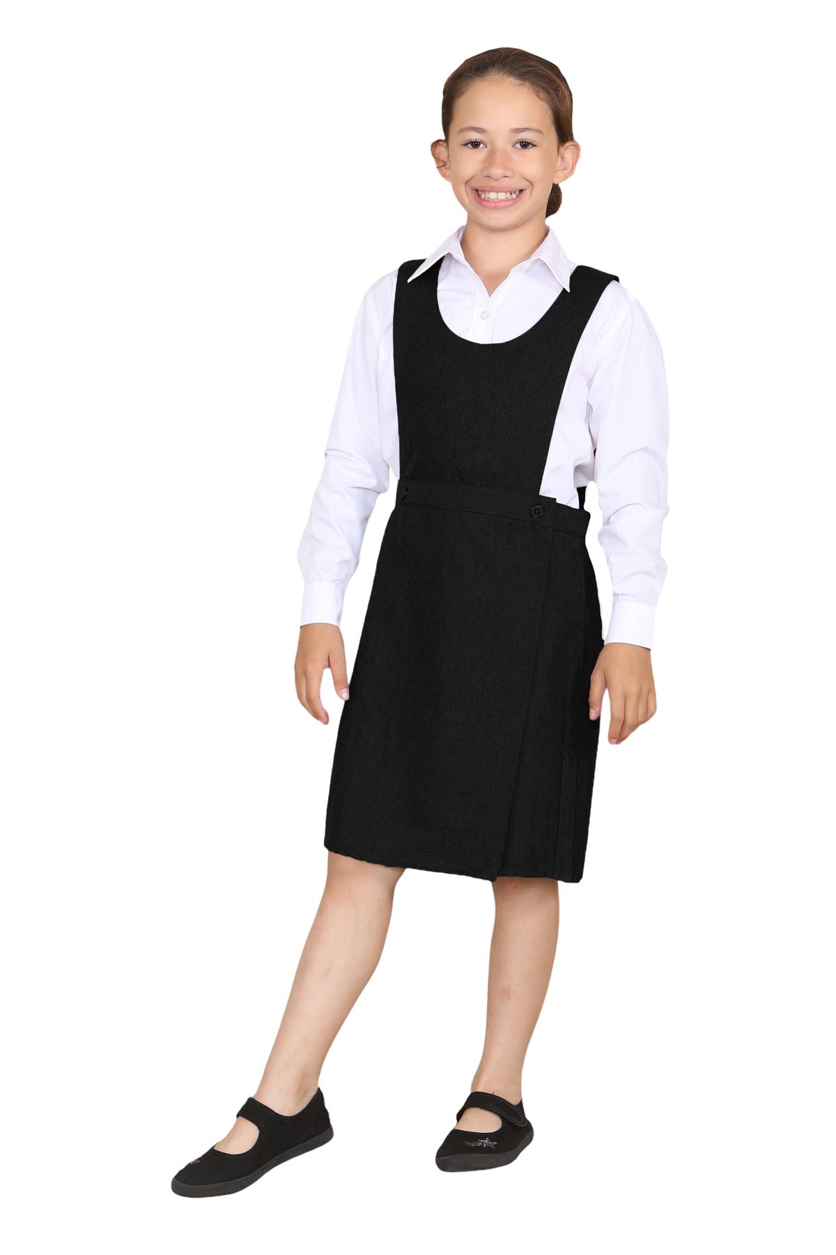 Girls Pleated Bib Pinafore Wrap Over Sleeveless Kids School Uniform Dress 2-16Yr - Picture 2 of 80