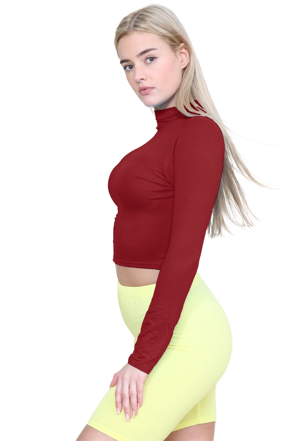 Turtle Neck Crop Top Womens Plain Long Sleeve Stretchy Basic Polo Neck T-Shirt - Picture 125 of 129