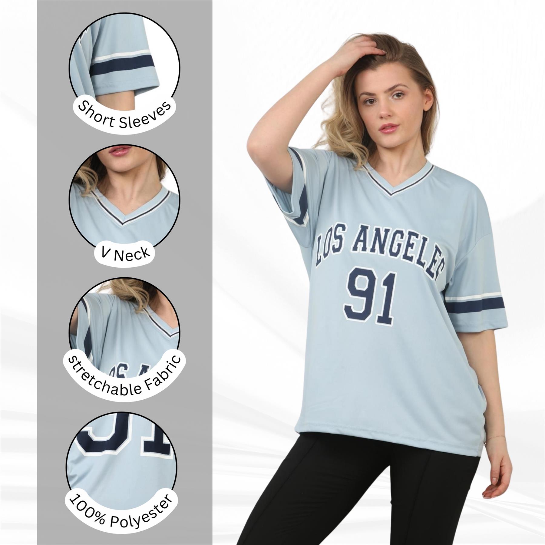 Camiseta de mujer de gran tamaño cuello en V LA 91 fútbol americano universitario holgada verano top - Imagen 41 de 50