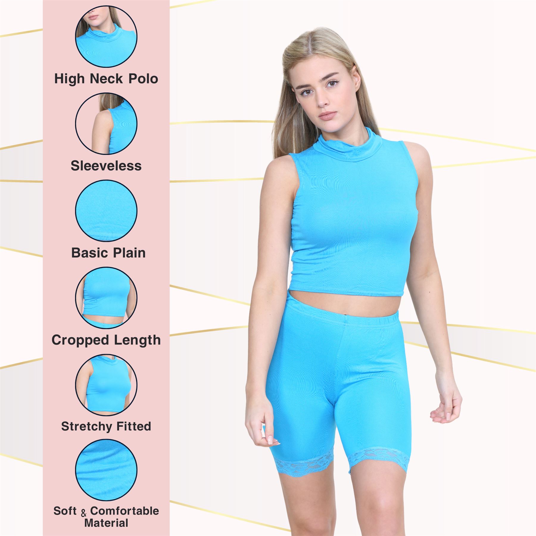 Womens Sleeveless Crop Top Ladies High Turtle Neck Plain Stretchy T-Shirt Vest - Picture 150 of 165