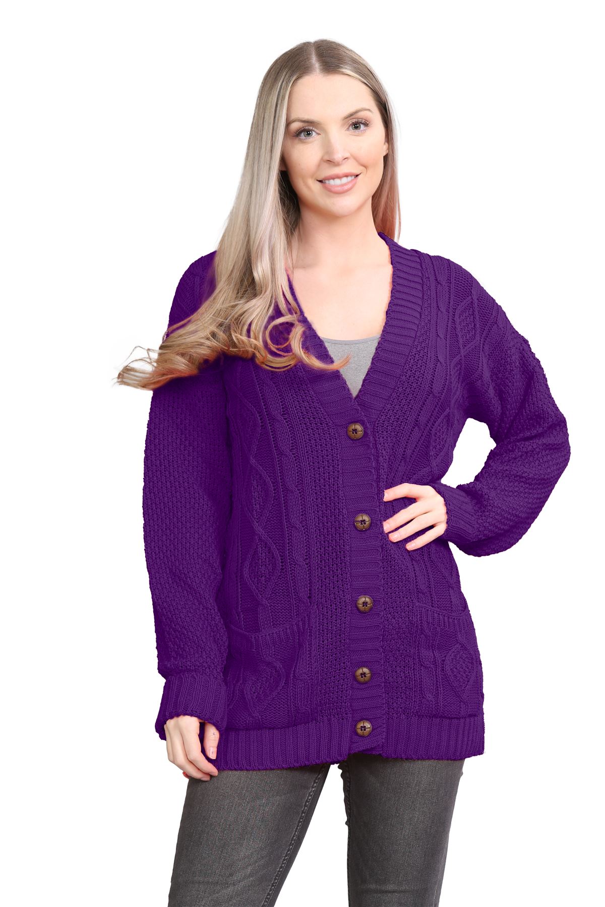 Womens Chunky Cable Knitted V Neck Cardigan Button Long Sleeve Grandad Jumper