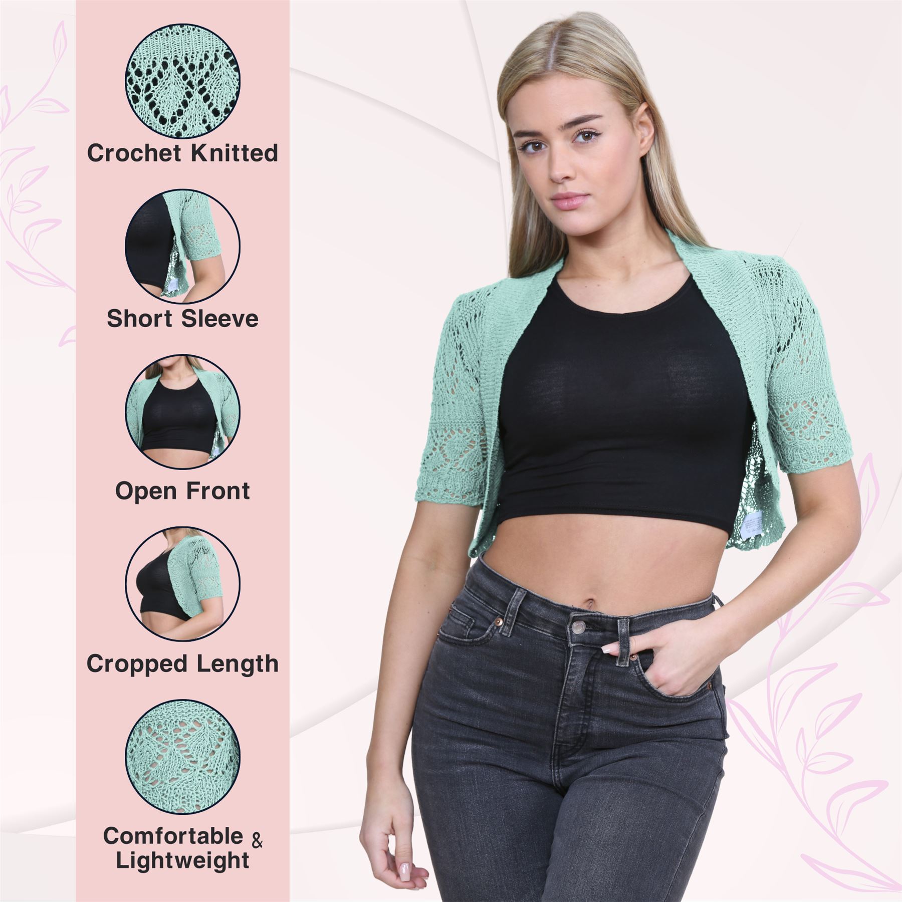 Womens Crochet Knitted Bolero Shrug Short Sleeve Open Front Cardigan Crop Top - Picture 5 of 186