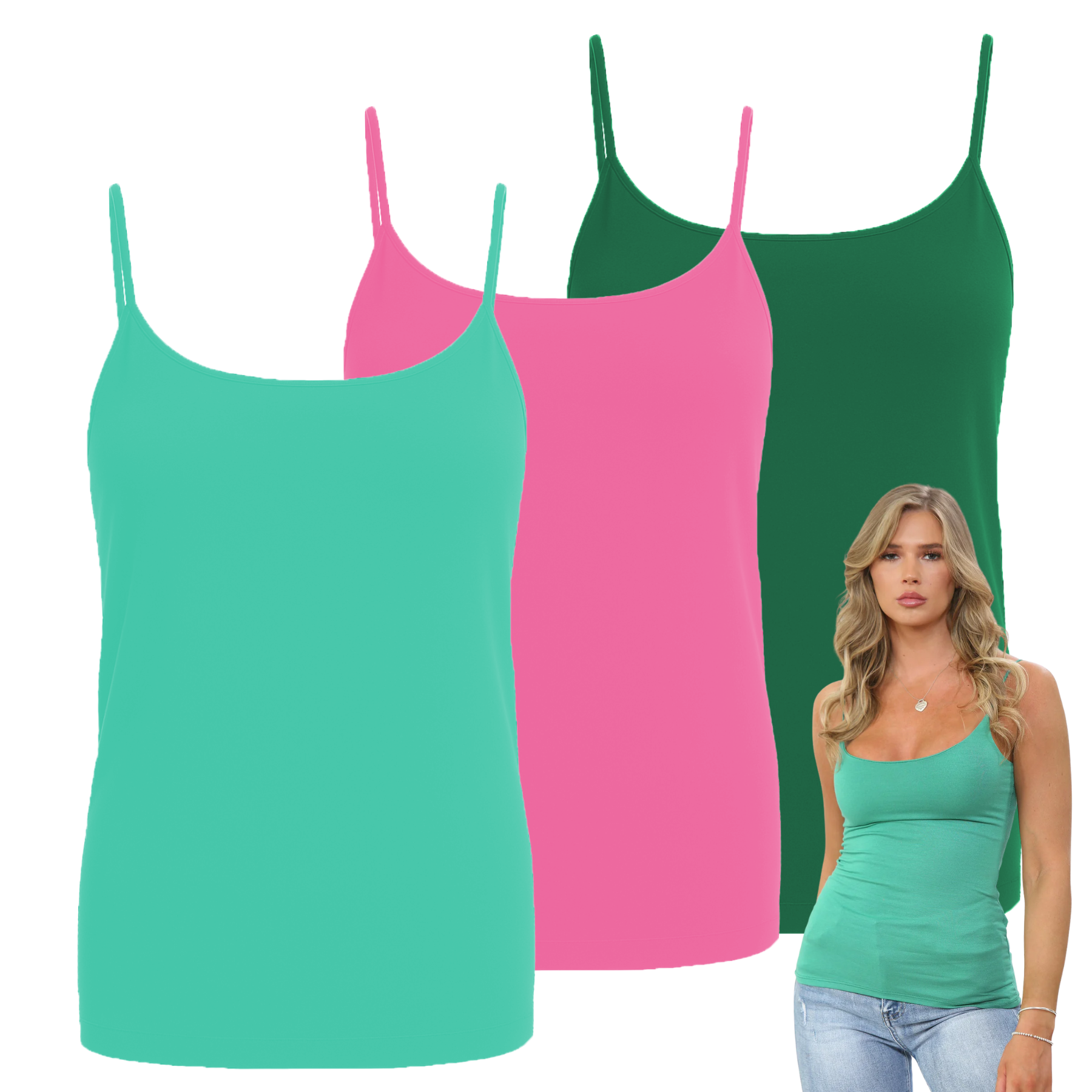 Womens Bodycon Cami Strappy Tank Top Plain Summer Activewear Vest Top, Pack of 3 - Picture 216 of 221
