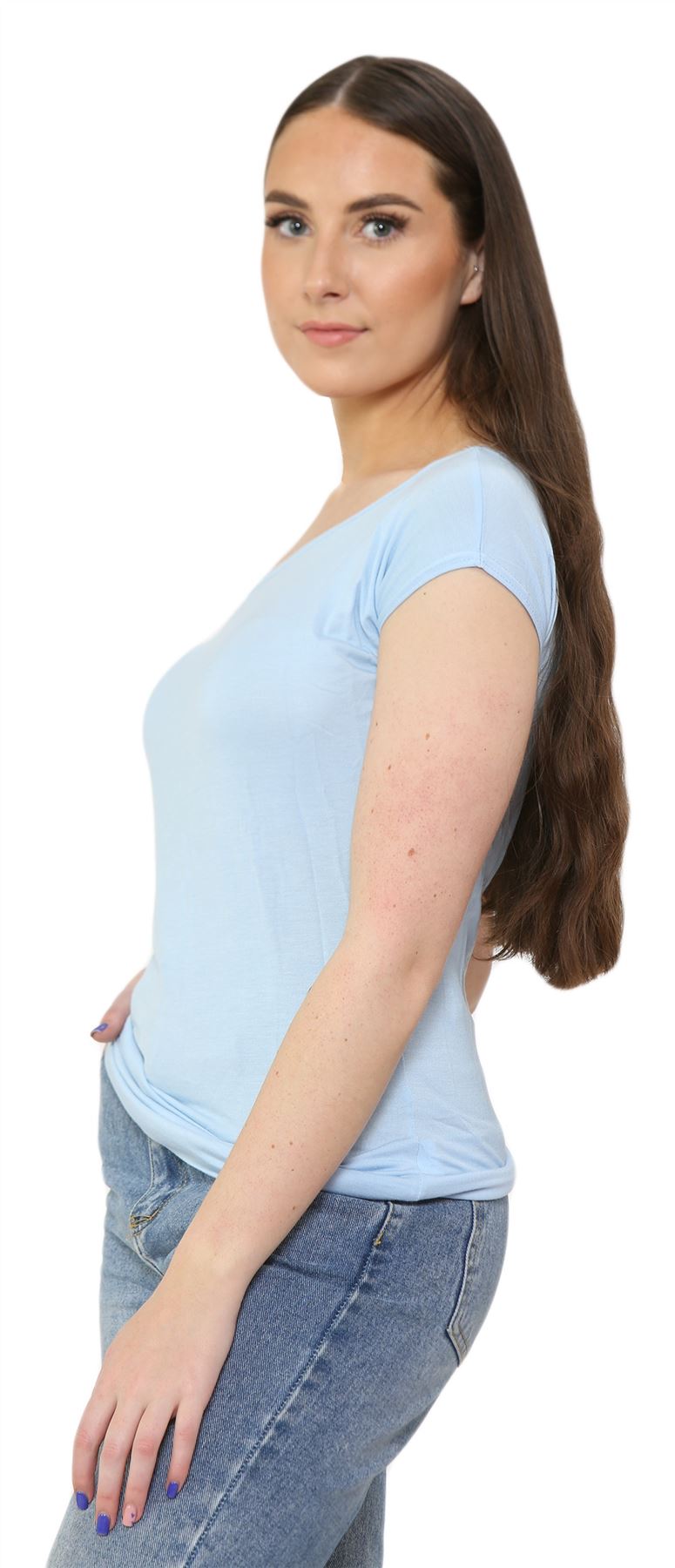 Nuevo Damas Mangas Cortas Hombro Liso Elastizado Calce Ajustado Bardot Camiseta Prenda para el torso - Imagen 46 de 58