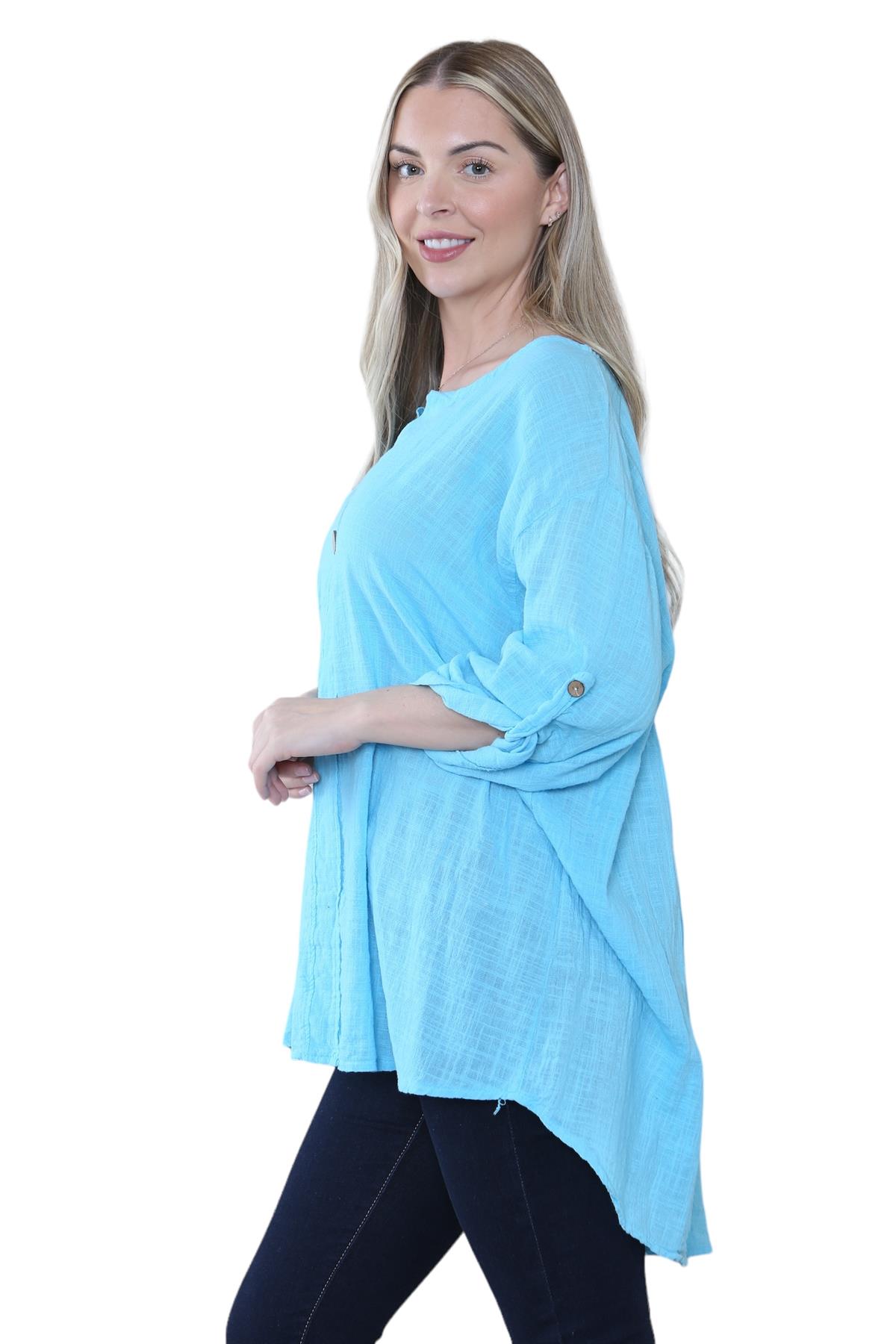 Camiseta informal lisa de lino y algodón con un botón de manga giratoria italiana para dama - Imagen 48 de 63