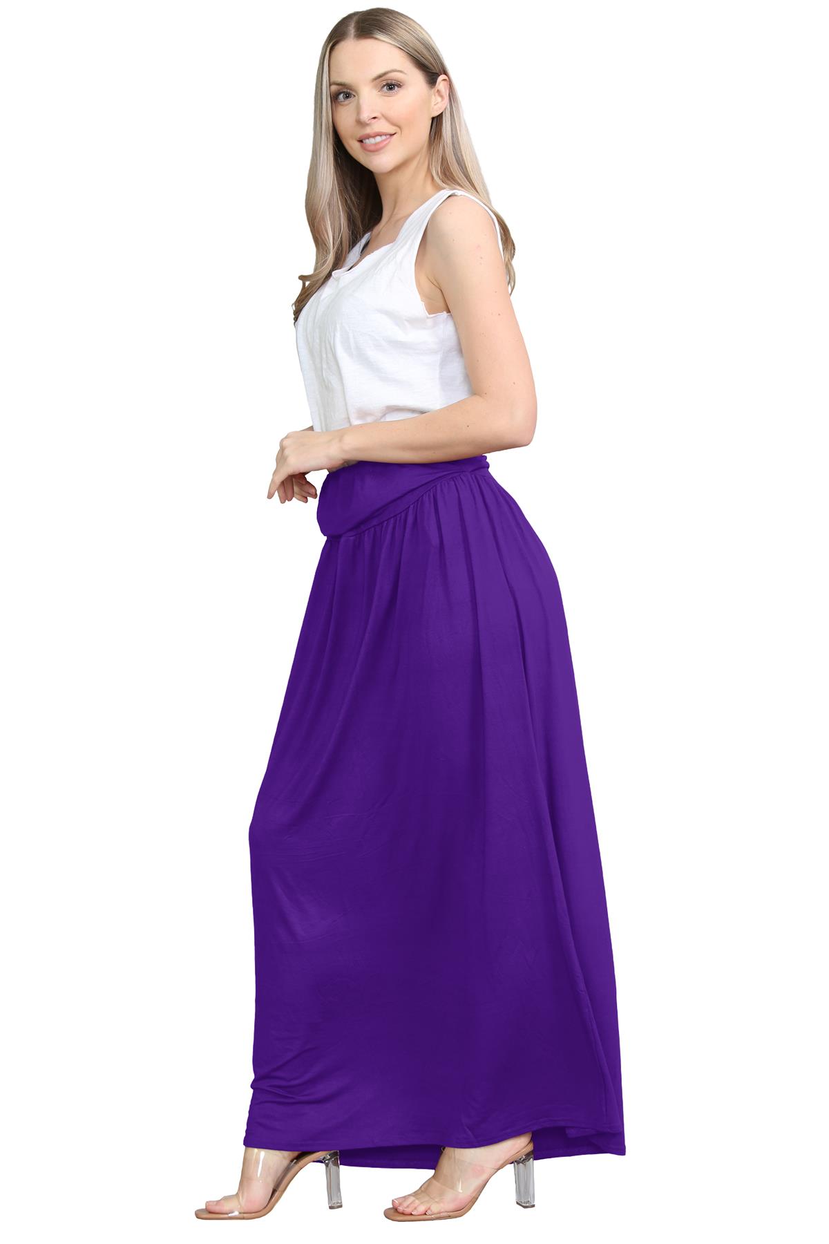 Womens Fold Over Maxi Skirt Plain Pleated Waist Jersey Summer Gypsy Long Skirt - Picture 40 of 68