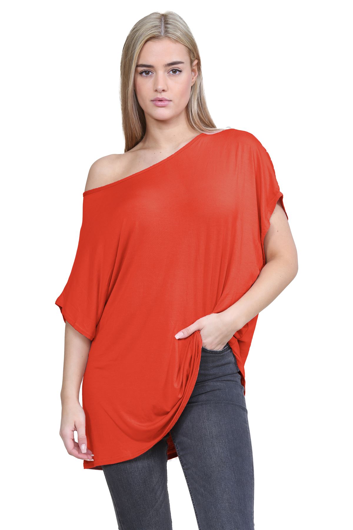 Schulterfreies Damen-T-Shirt Oberteil Fledermausärmel Oversize uni Freizeit Bardot Oberteil - Bild 178 von 225