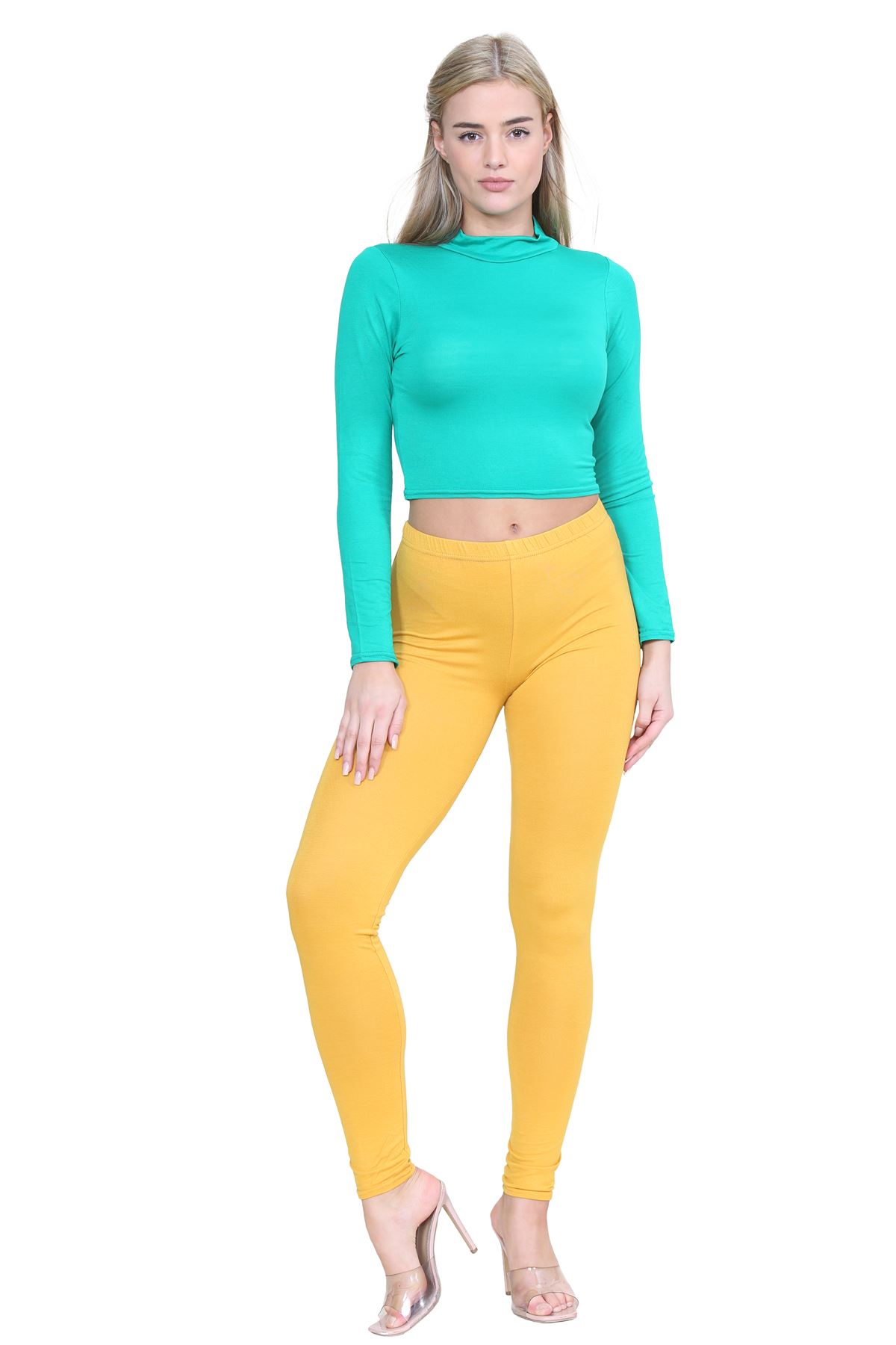 Turtle Neck Crop Top Womens Plain Long Sleeve Stretchy Basic Polo Neck T-Shirt - Picture 44 of 129