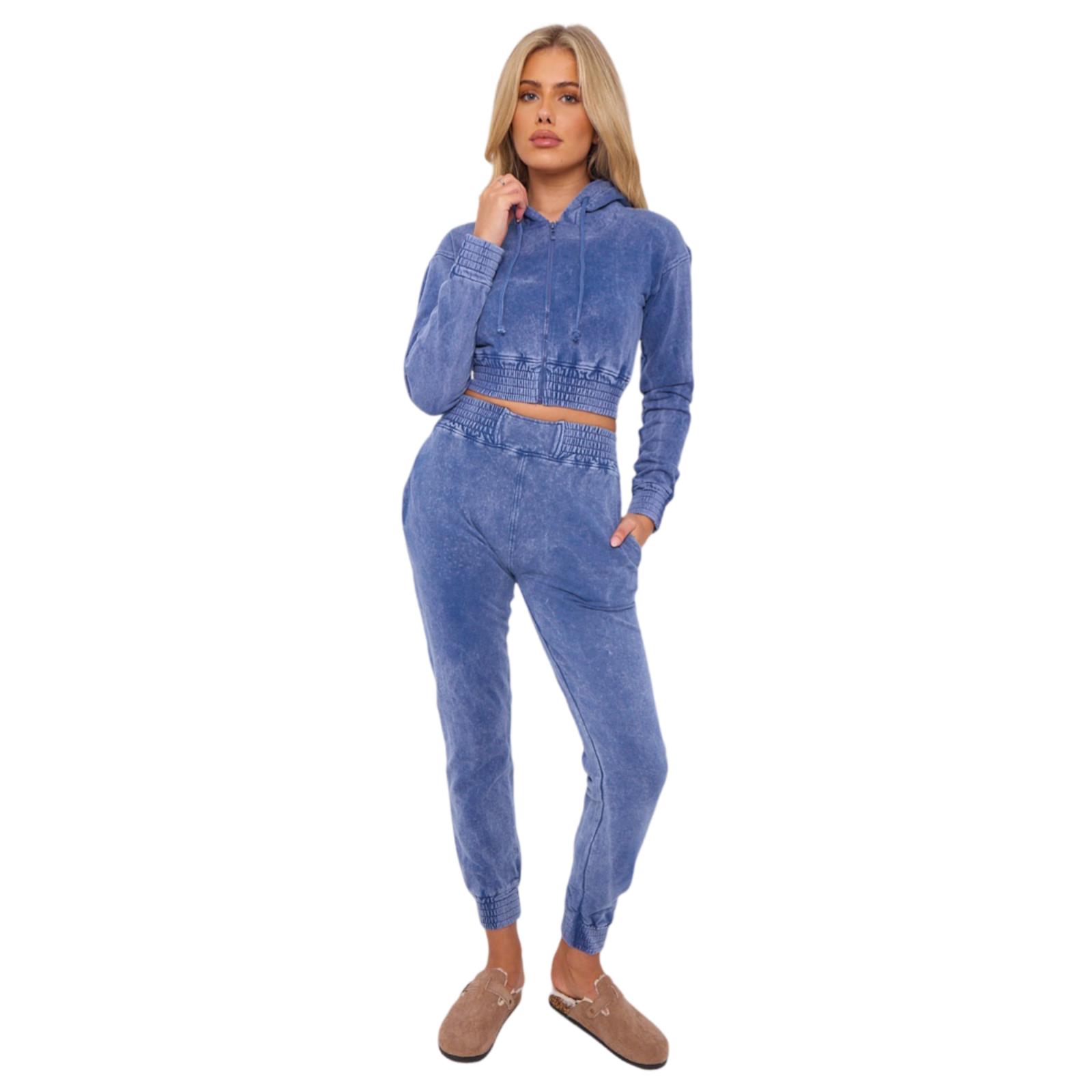 Womens Acid Wash Cropped Zip Hoodie Fleece Joggers Tracksuit 2Pcs Loungewear Set - Picture 3 of 24