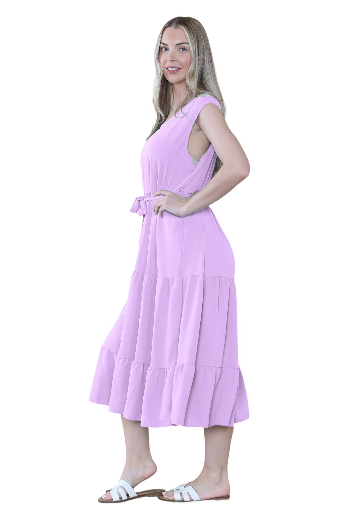Womens Italian Smock Dress Sleeveless Belted Midi Dress Plain Frill Summer Dress - Picture 48 of 64