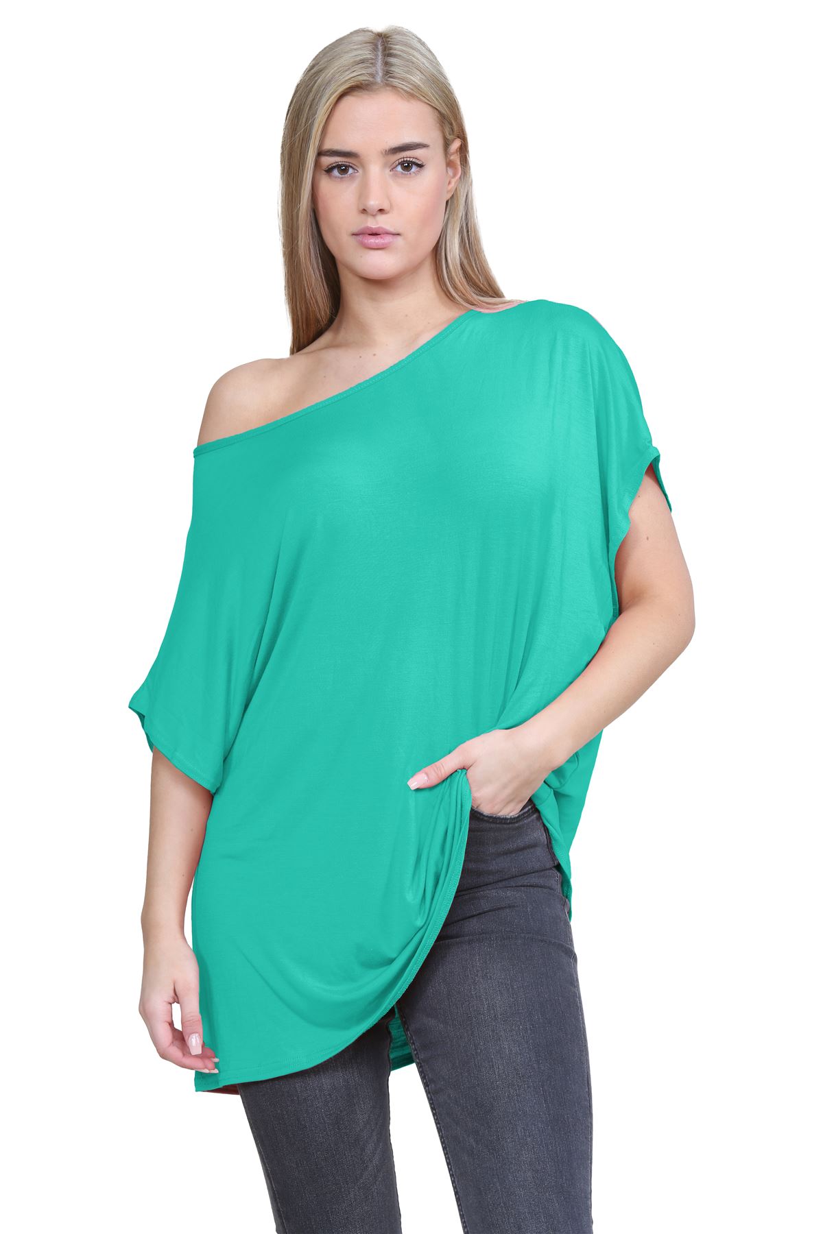 Schulterfreies Damen-T-Shirt Oberteil Fledermausärmel Oversize uni Freizeit Bardot Oberteil - Bild 64 von 225