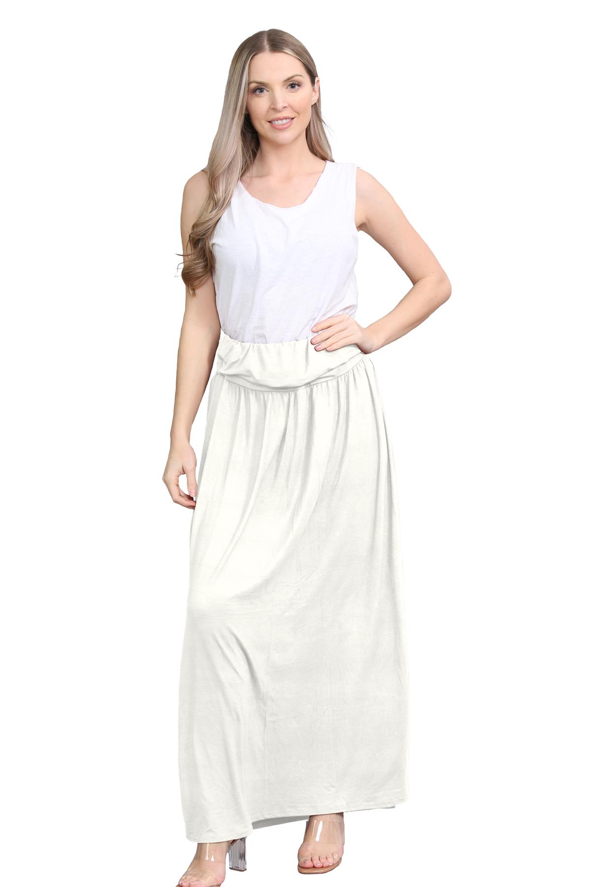 Womens Fold Over Maxi Skirt Plain Pleated Waist Jersey Summer Gypsy Long Skirt - Picture 19 of 68