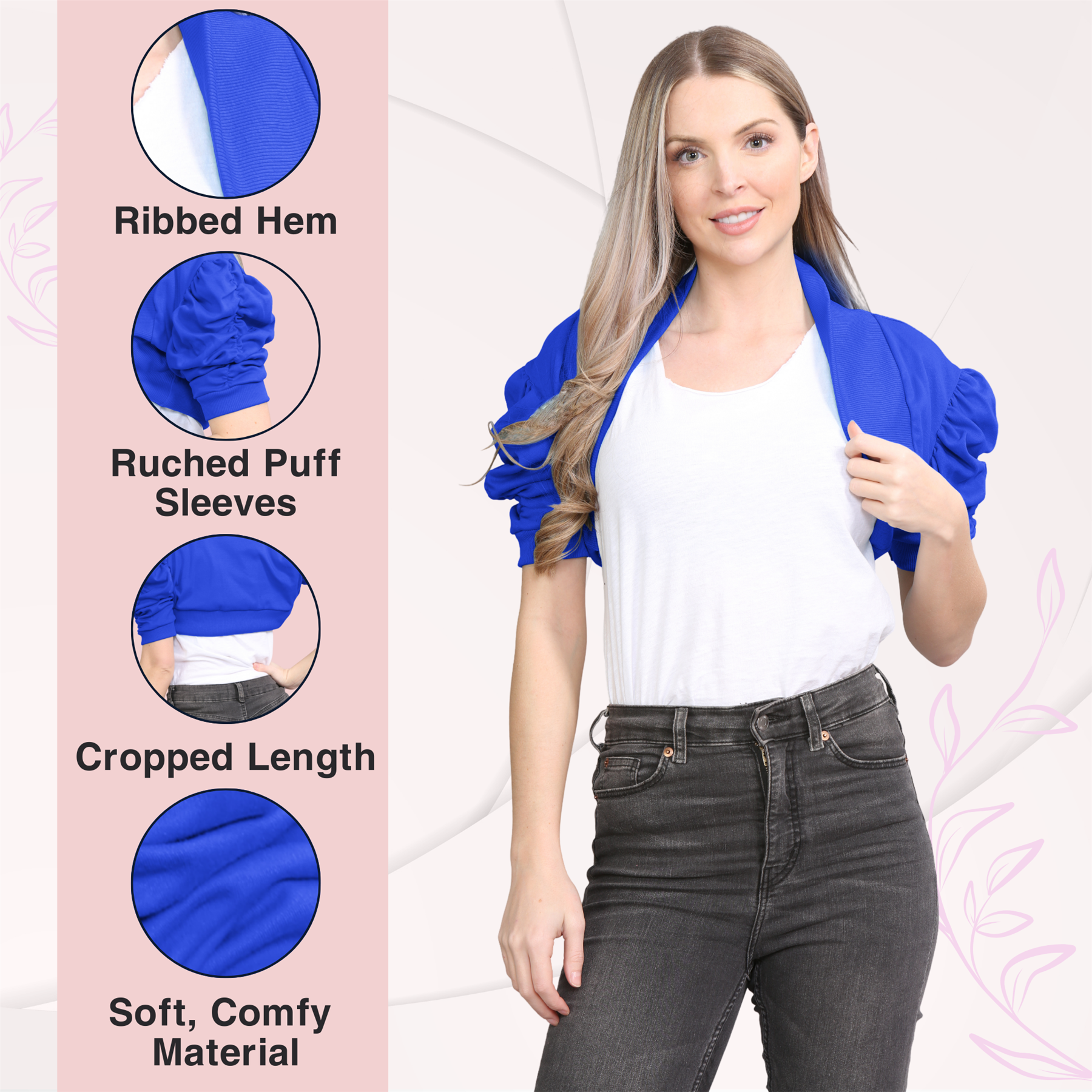 Womens Bolero Shrug Ruched Puff Sleeves Plain Open Cardigan Soft Cotton Crop Top - Picture 85 of 100