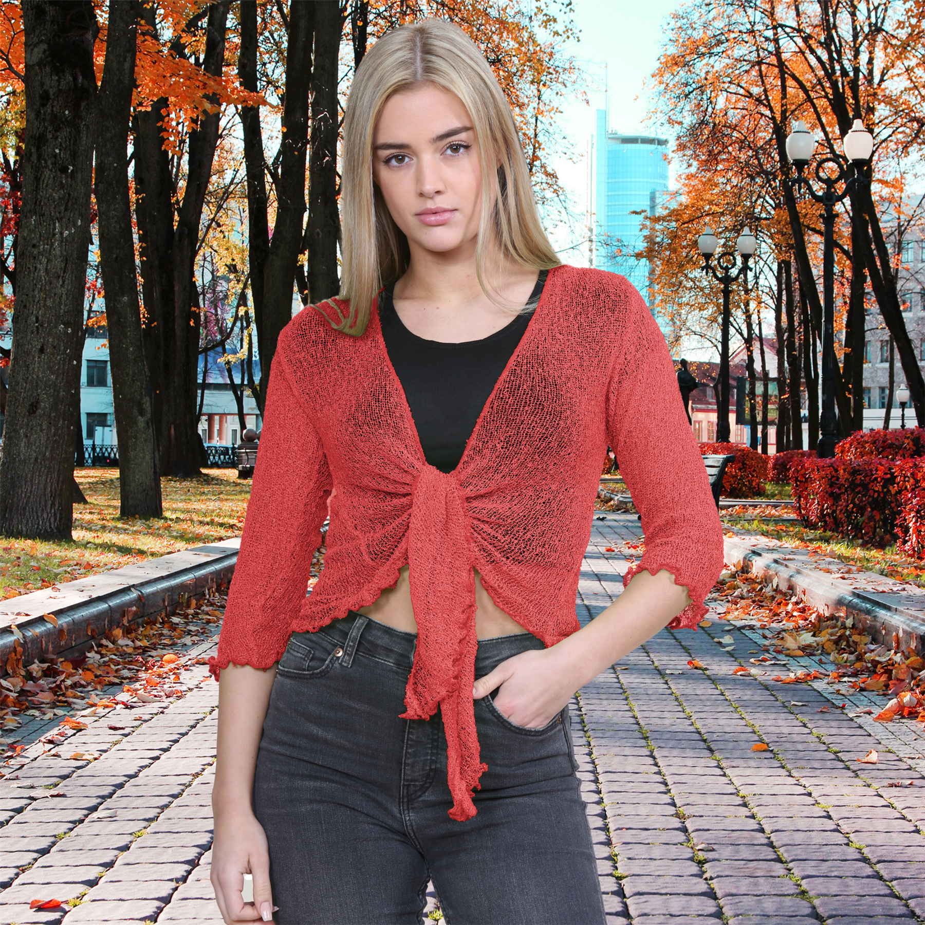 Damen Bolero zum Binden Shrug Double Feinstrick Häkel Cardigan Cropped Top - Bild 204 von 205