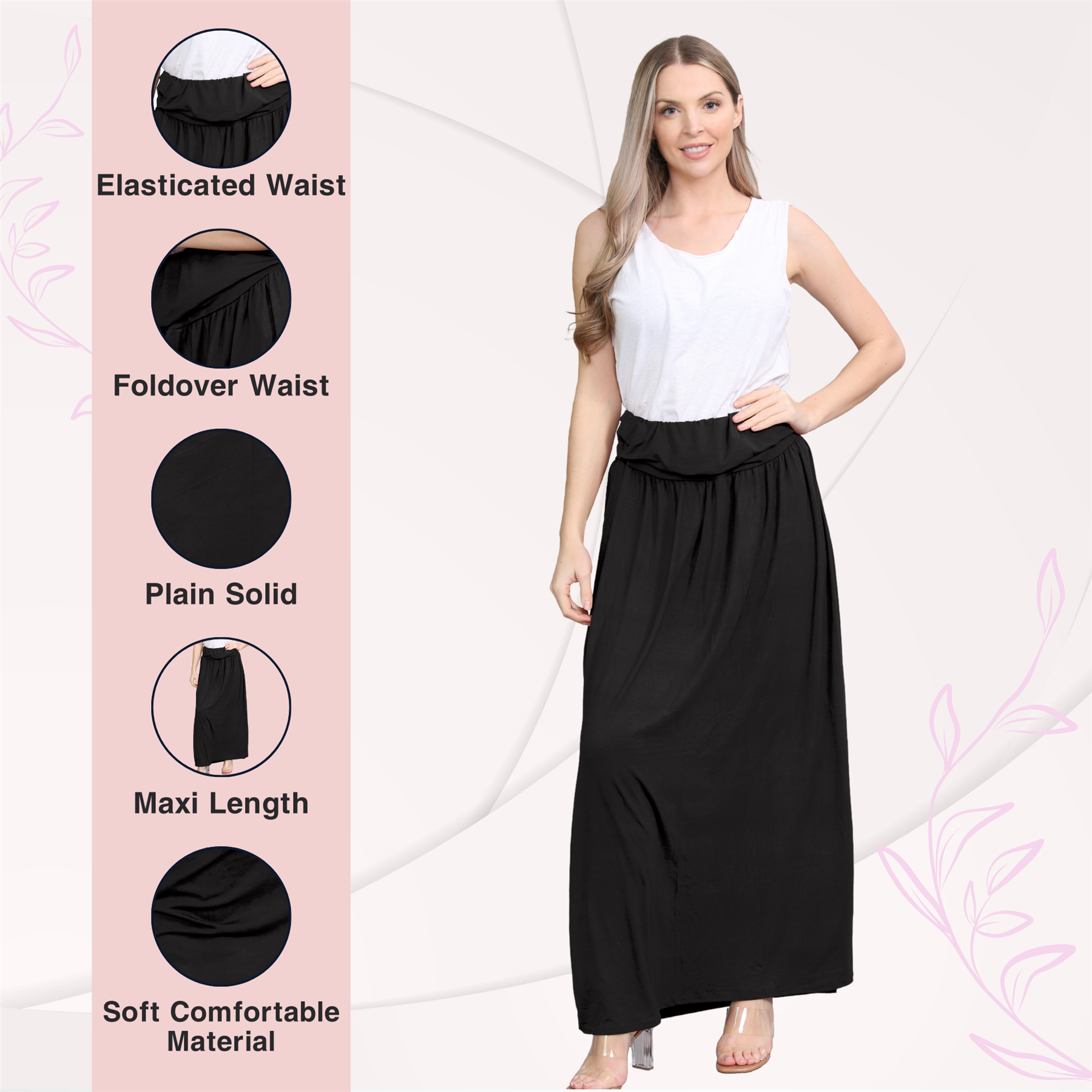Womens Fold Over Maxi Skirt Plain Pleated Waist Jersey Summer Gypsy Long Skirt - Picture 67 of 68