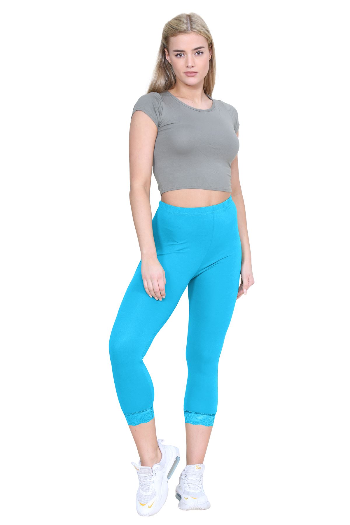 New Ladies Plain Lace Trim Cropped Yoga Stretchy 3/4 Length Capri Leggings Pants - Picture 109 of 132