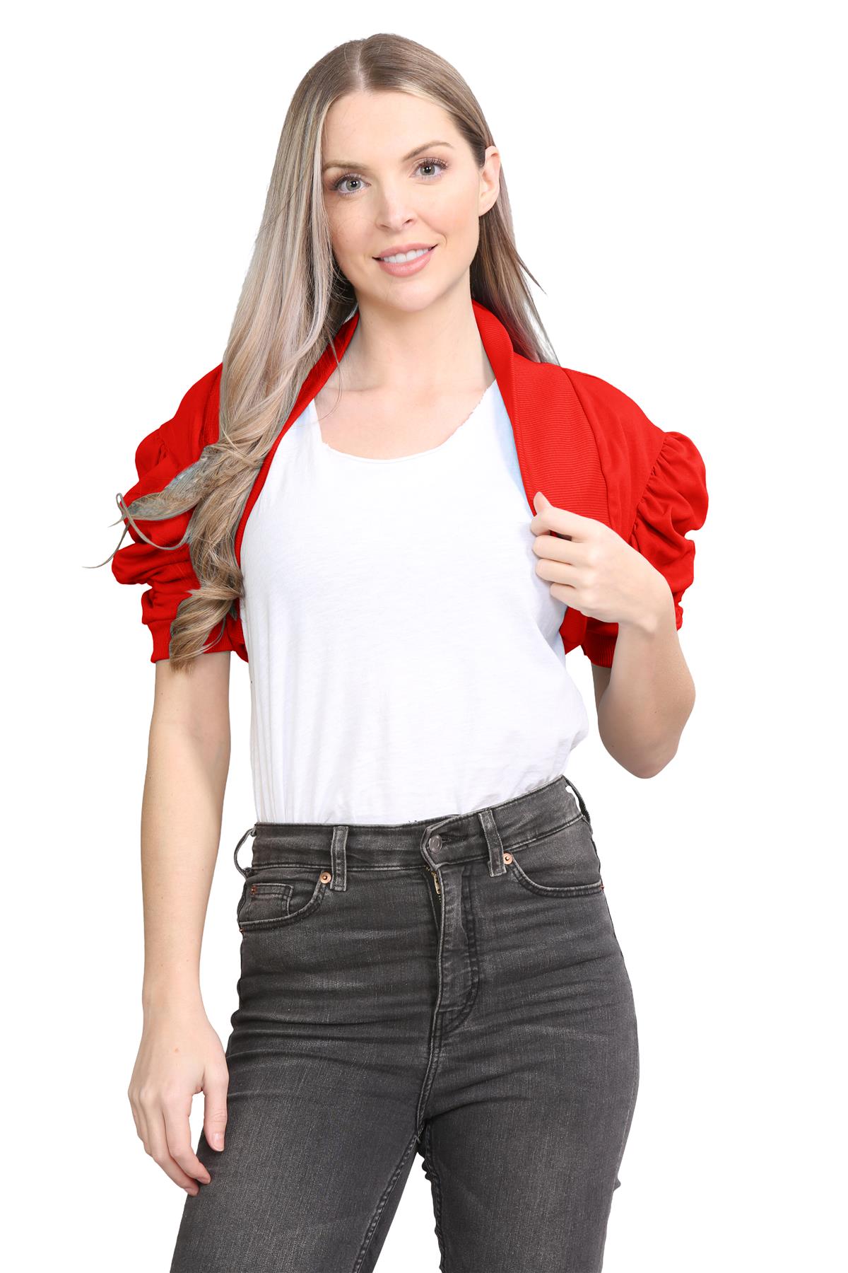 Womens Bolero Shrug Ruched Puff Sleeves Plain Open Cardigan Soft Cotton Crop Top - Picture 76 of 100