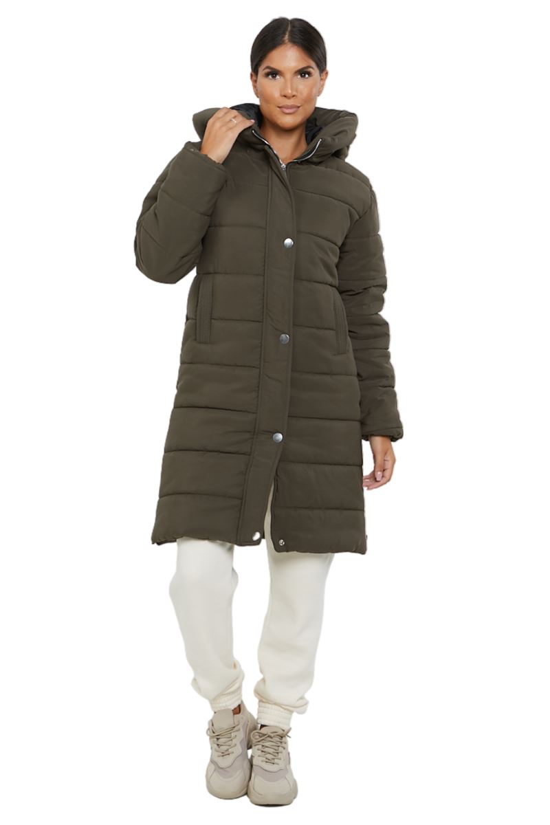 Womens Hooded Longline Coat Puffer Padded Long Sleeve Bodywarmer Winter Jacket - Picture 23 of 50