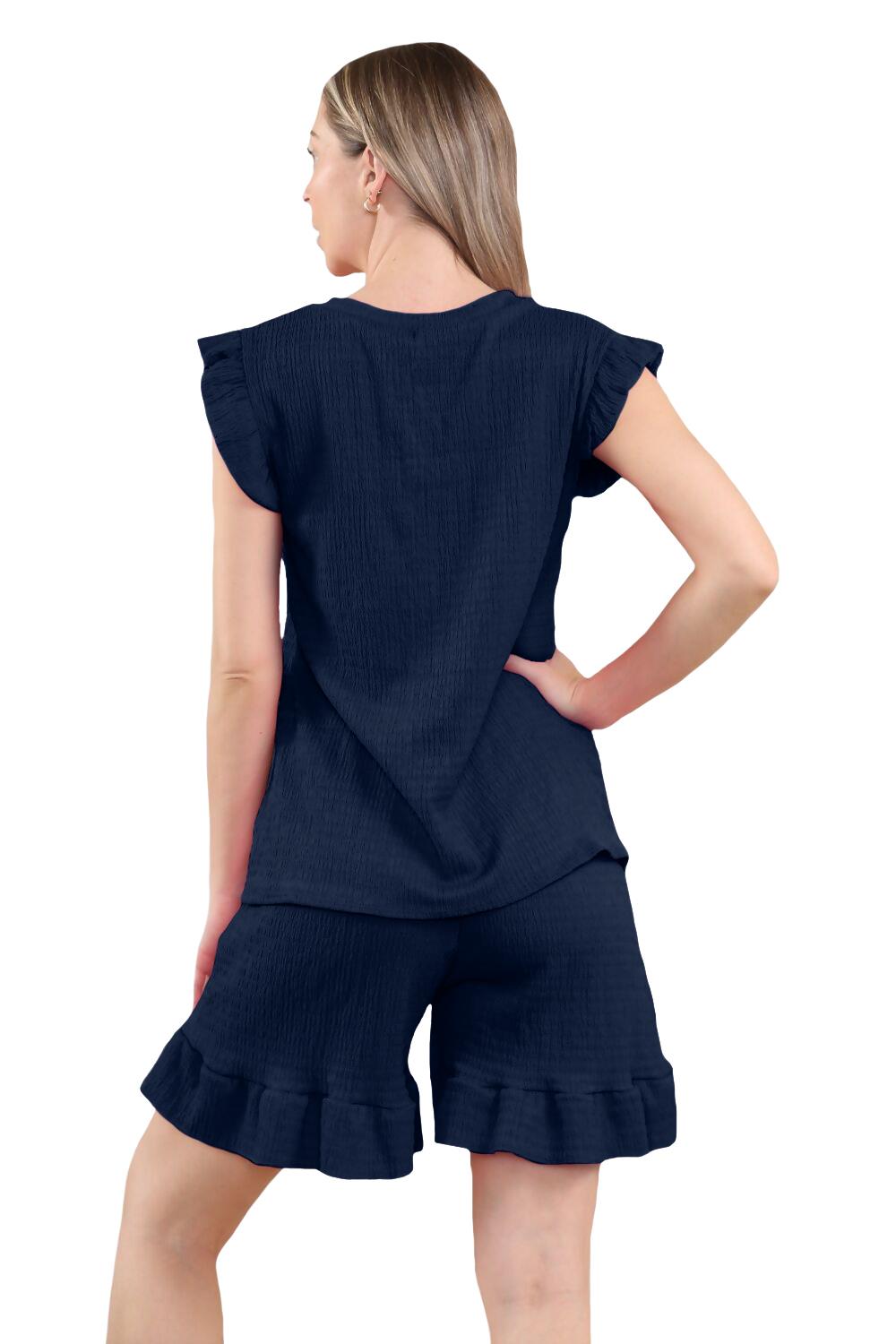 Conjunto corto de 2 piezas italiano para mujer conjunto de ropa de salón de verano con volantes sin mangas - Imagen 34 de 61