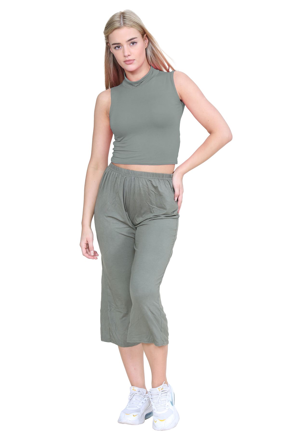 Womens Sleeveless Crop Top Ladies High Turtle Neck Plain Stretchy T-Shirt Vest - Picture 61 of 165